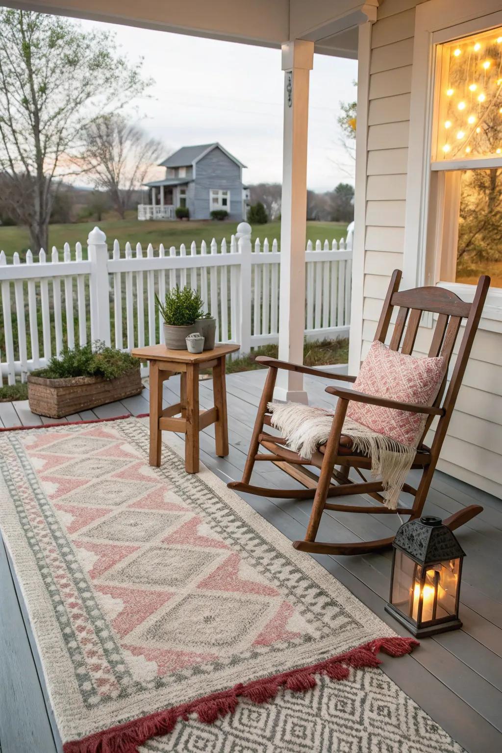 Layers of floor coverings enhance comfort and dimension in porch decoration.
