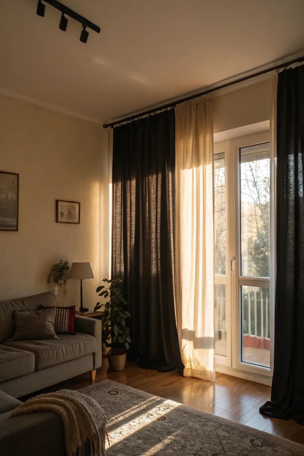 Dark curtains offer a stunning contrast.