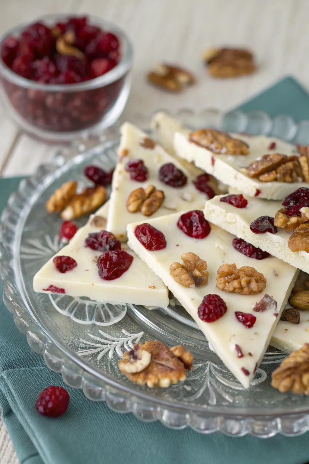 Sophisticated ivory confection shatter with a festive twist.