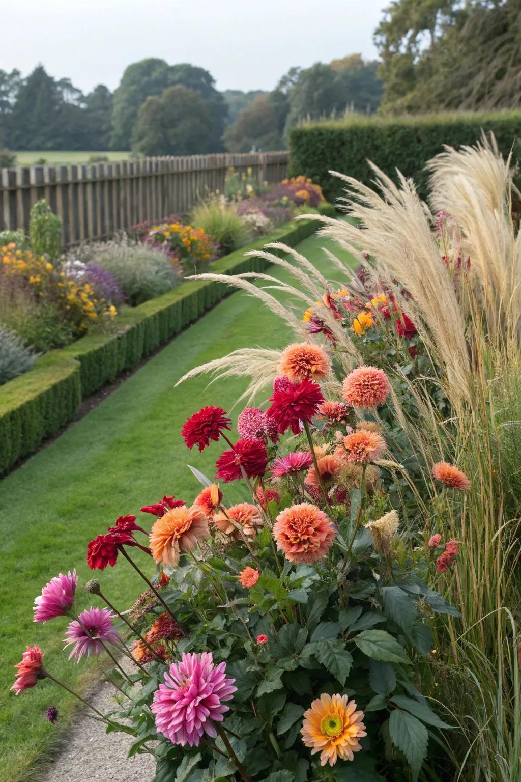 Textural contrast featuring sunburst blossoms and grasses.