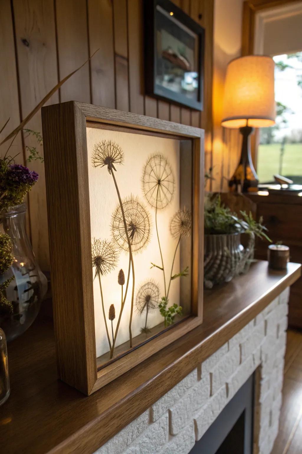 Scene in a box delicately captures the beauty of dandelions.