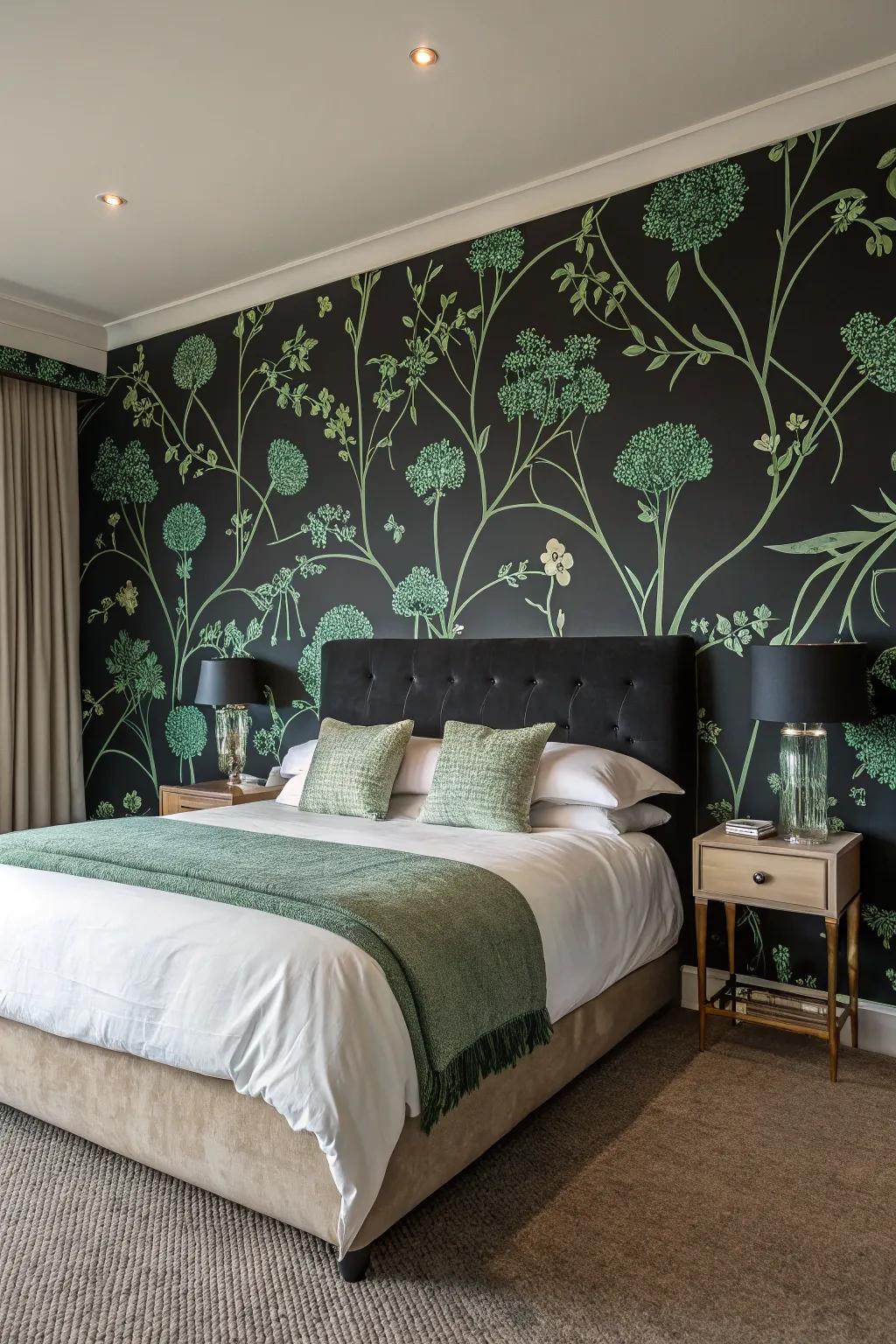 Flowery designs on charcoal paper craft a striking focal point.