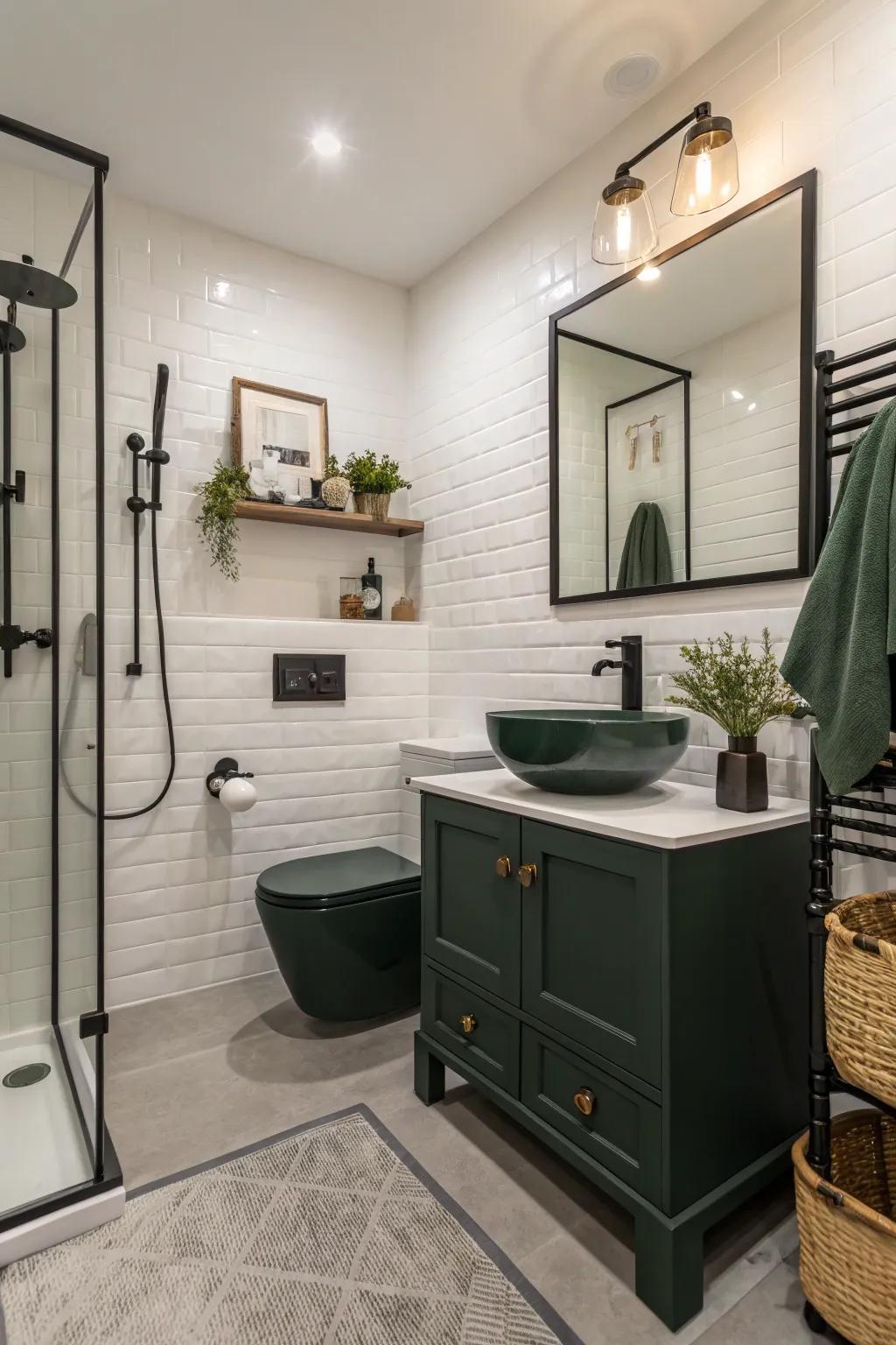 Dark green fixtures add a fresh pop of color.