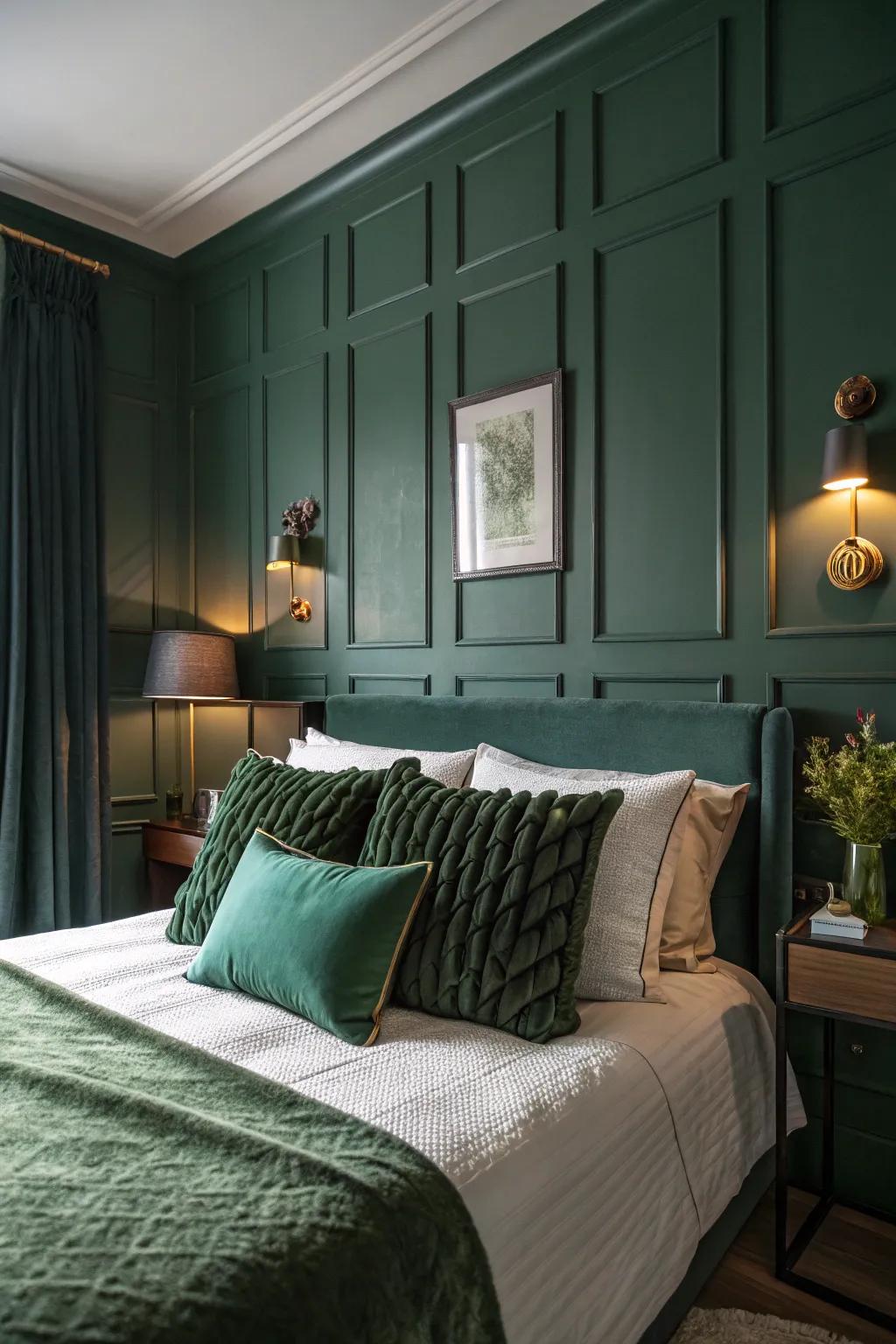 A shadowy jade bedroom with forester green decorative pillows adding comfort and style.