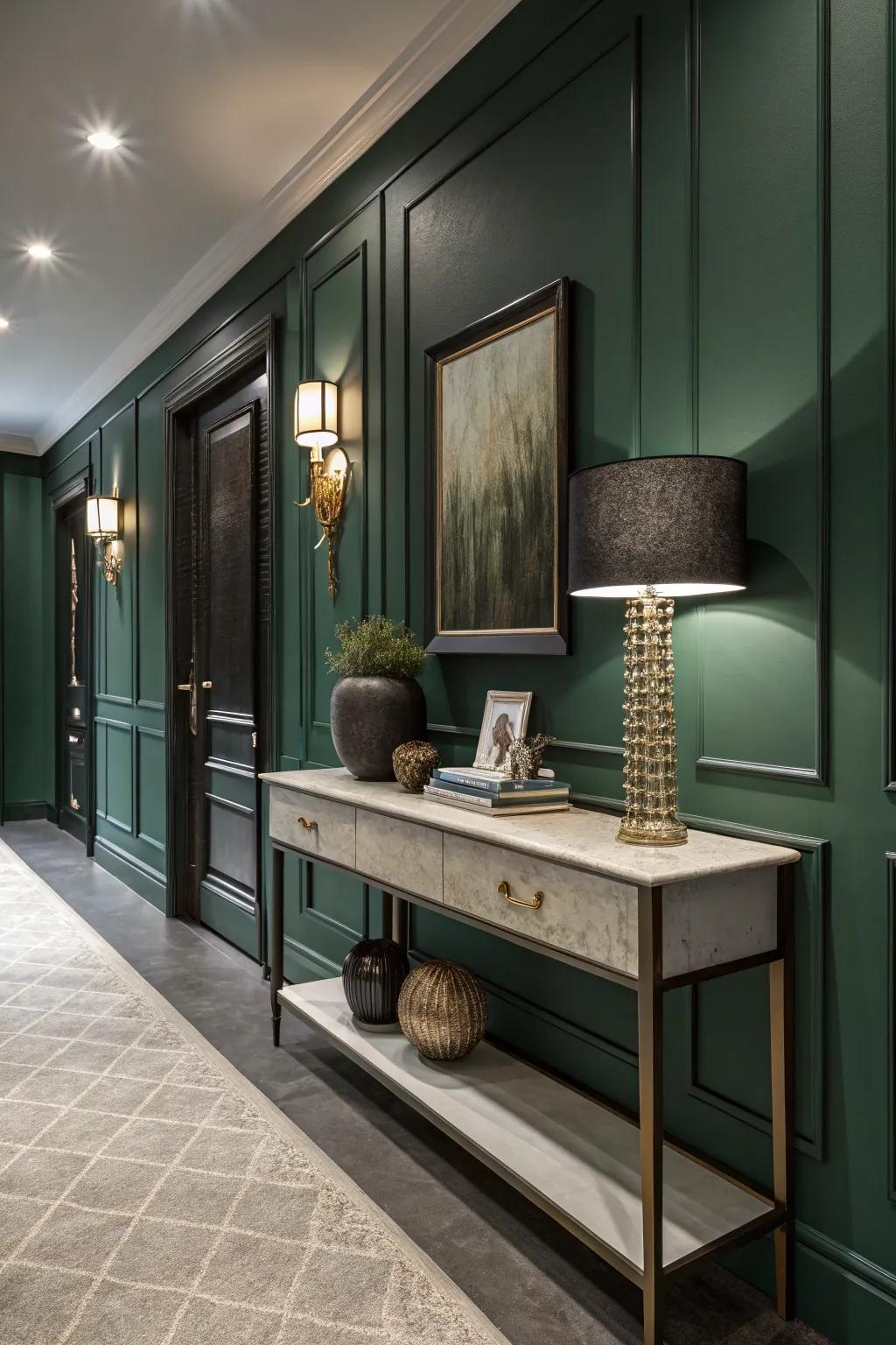 A console adds function and style to the corridor.