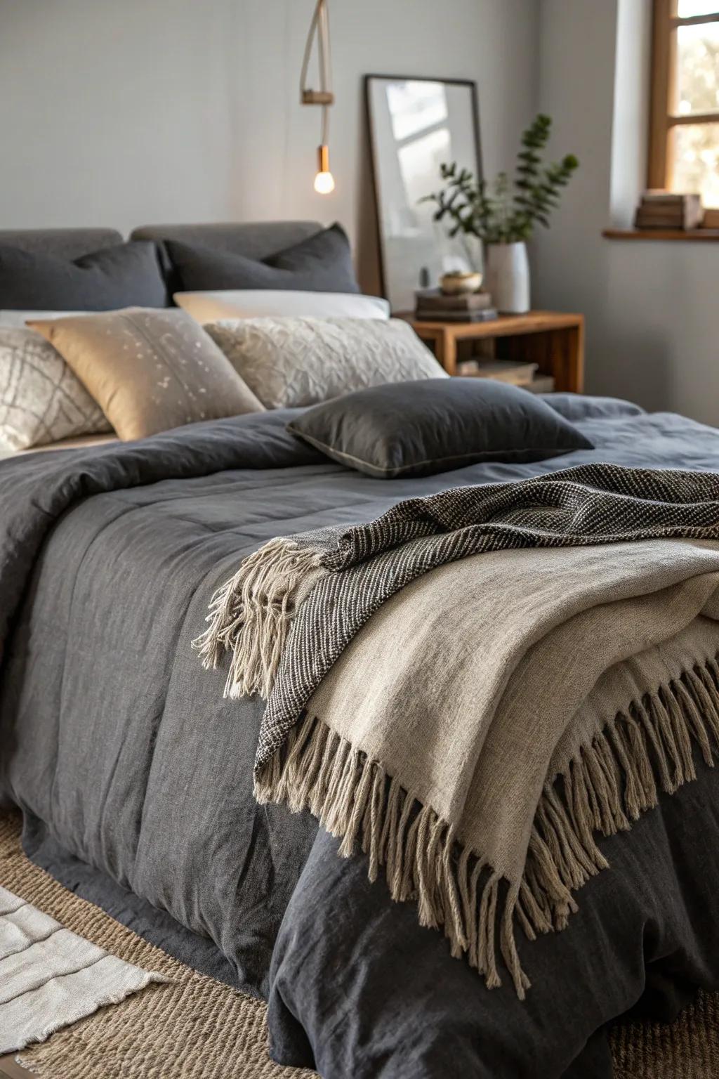 Layered textures in bedding create warmth and comfort.