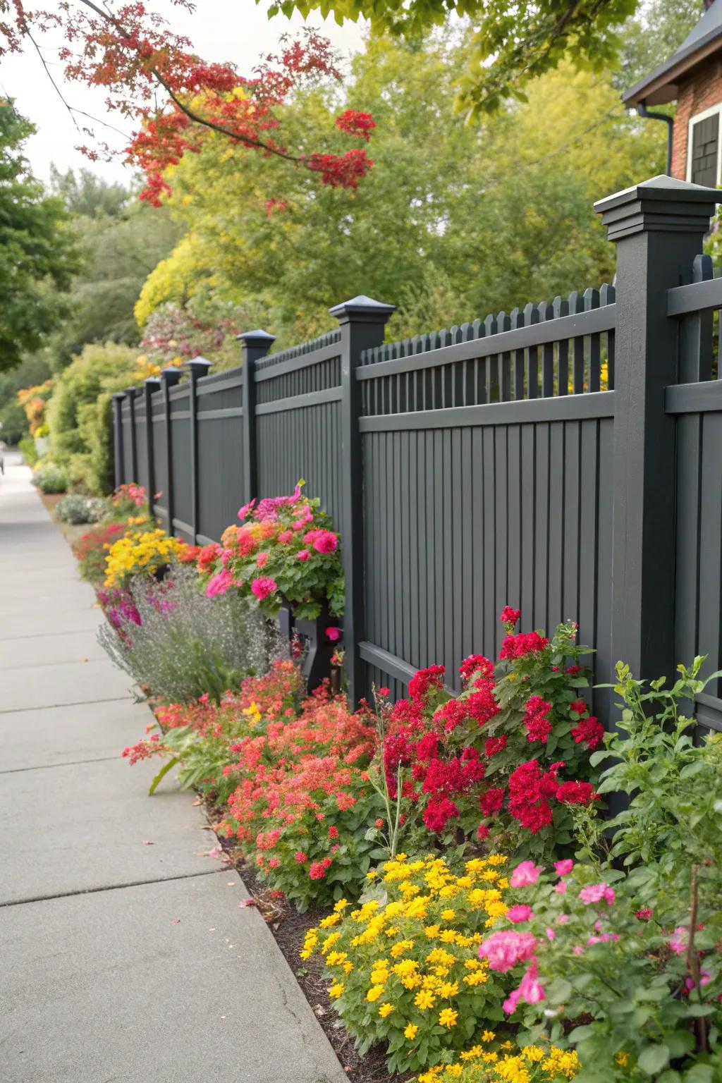Bright, colorful plants create a stunning contrast with a deep charcoal fence.