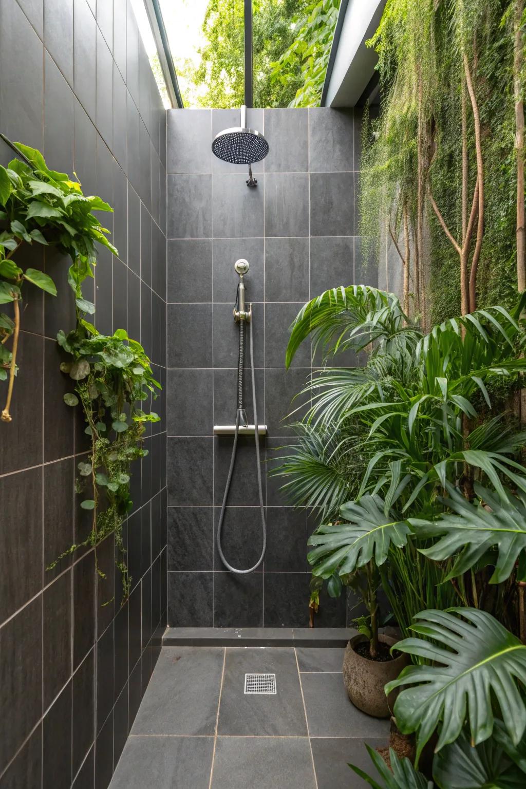 Plants add a refreshing touch to the deep charcoal shower panes.