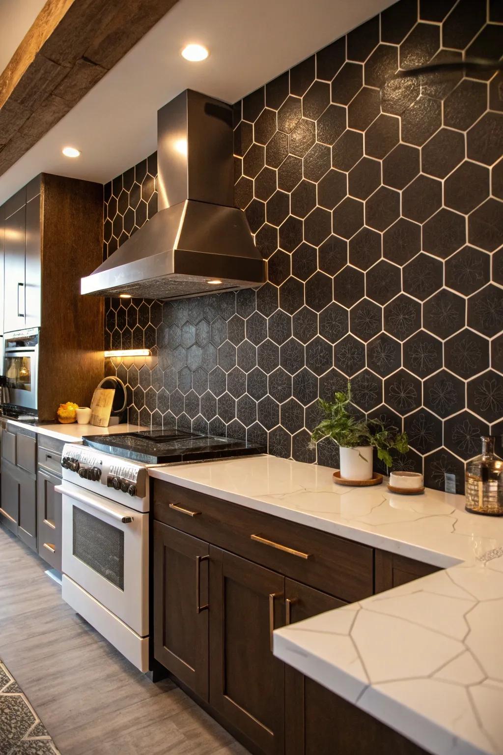 A kitchen elegantly showcasing a dark hexagonal tile backsplash.