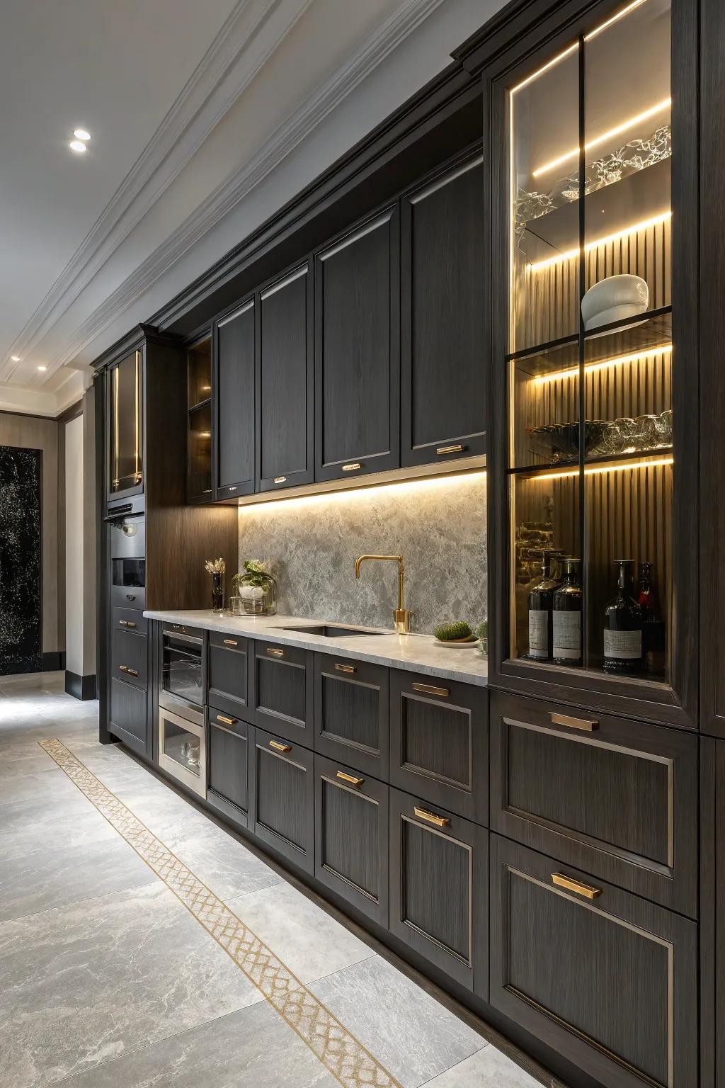 Shimmering touches impart a sophisticated flair to deep-toned kitchen cabinets.