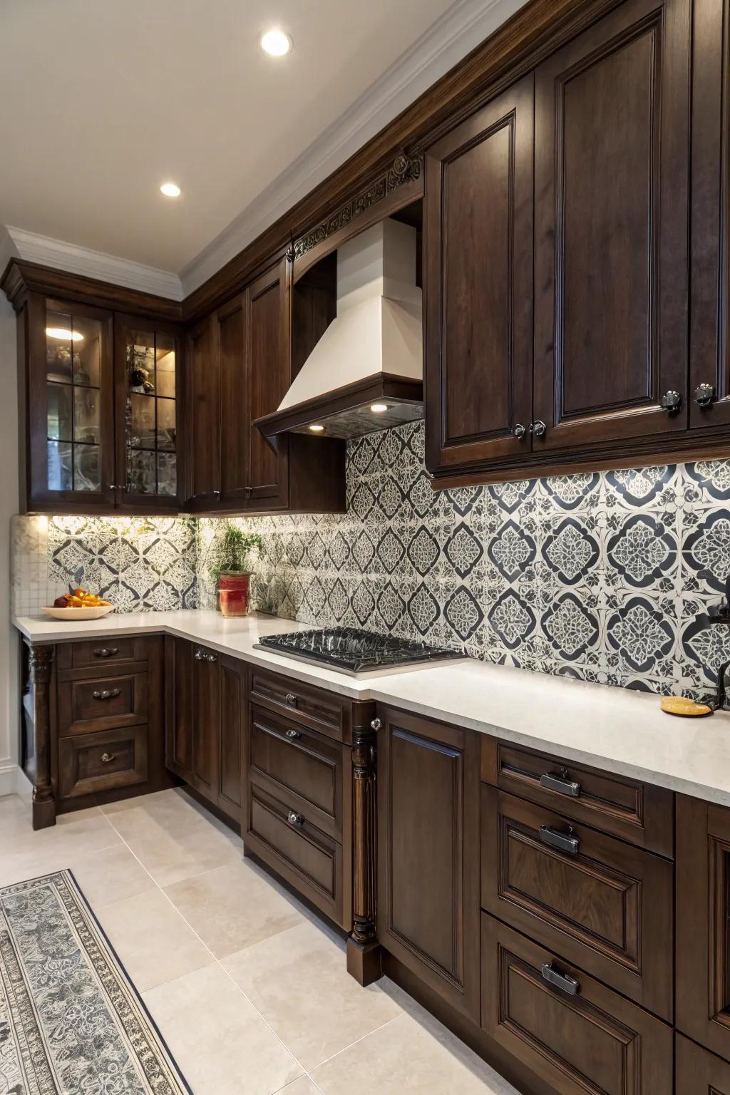 An audacious, deep-patterned panel establishes a theatrical cooking area focal point.