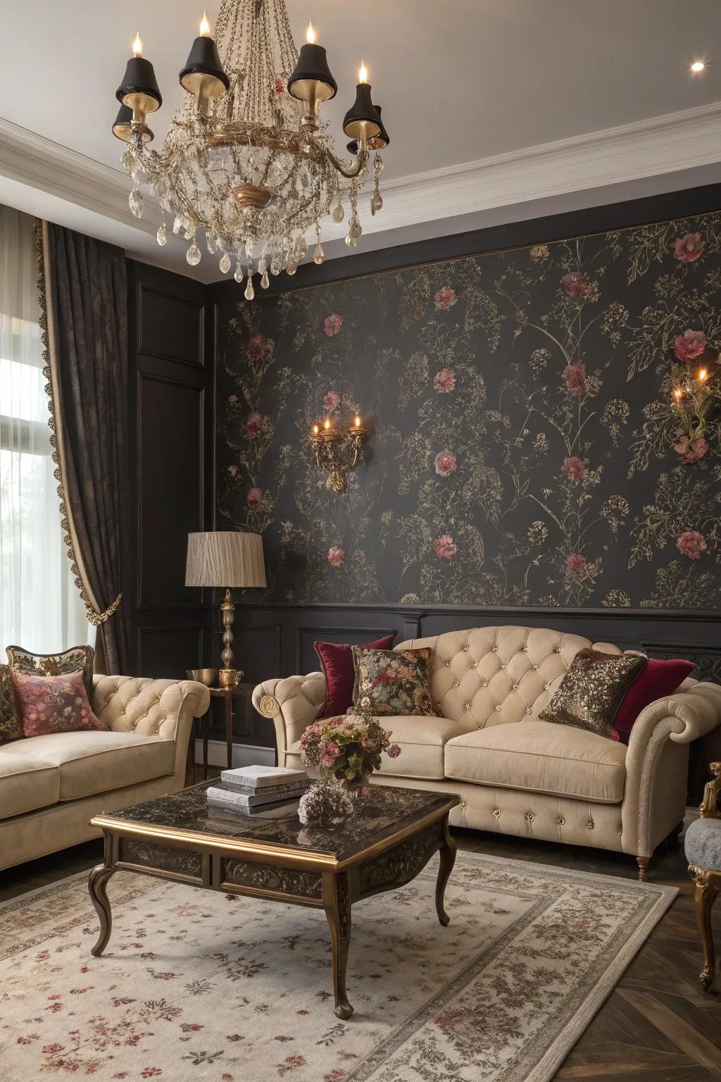 A dramatic living room with midnight garden-inspired floral wallpaper.