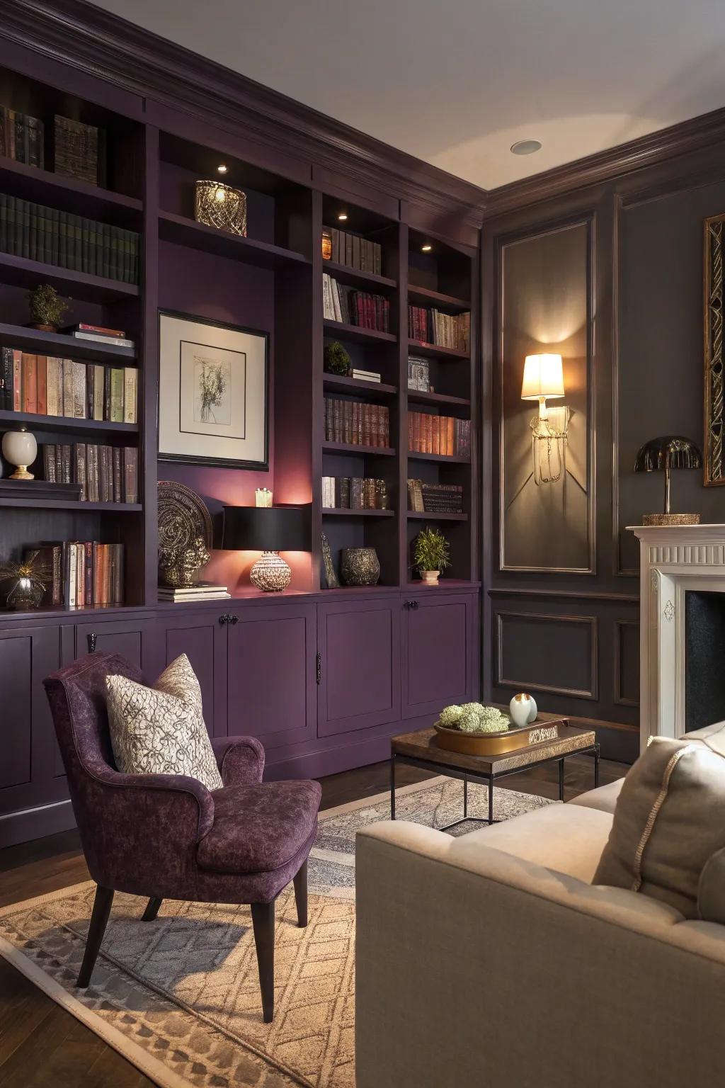 Deep violet bookcases inject personality and charm into this fashionable living room.