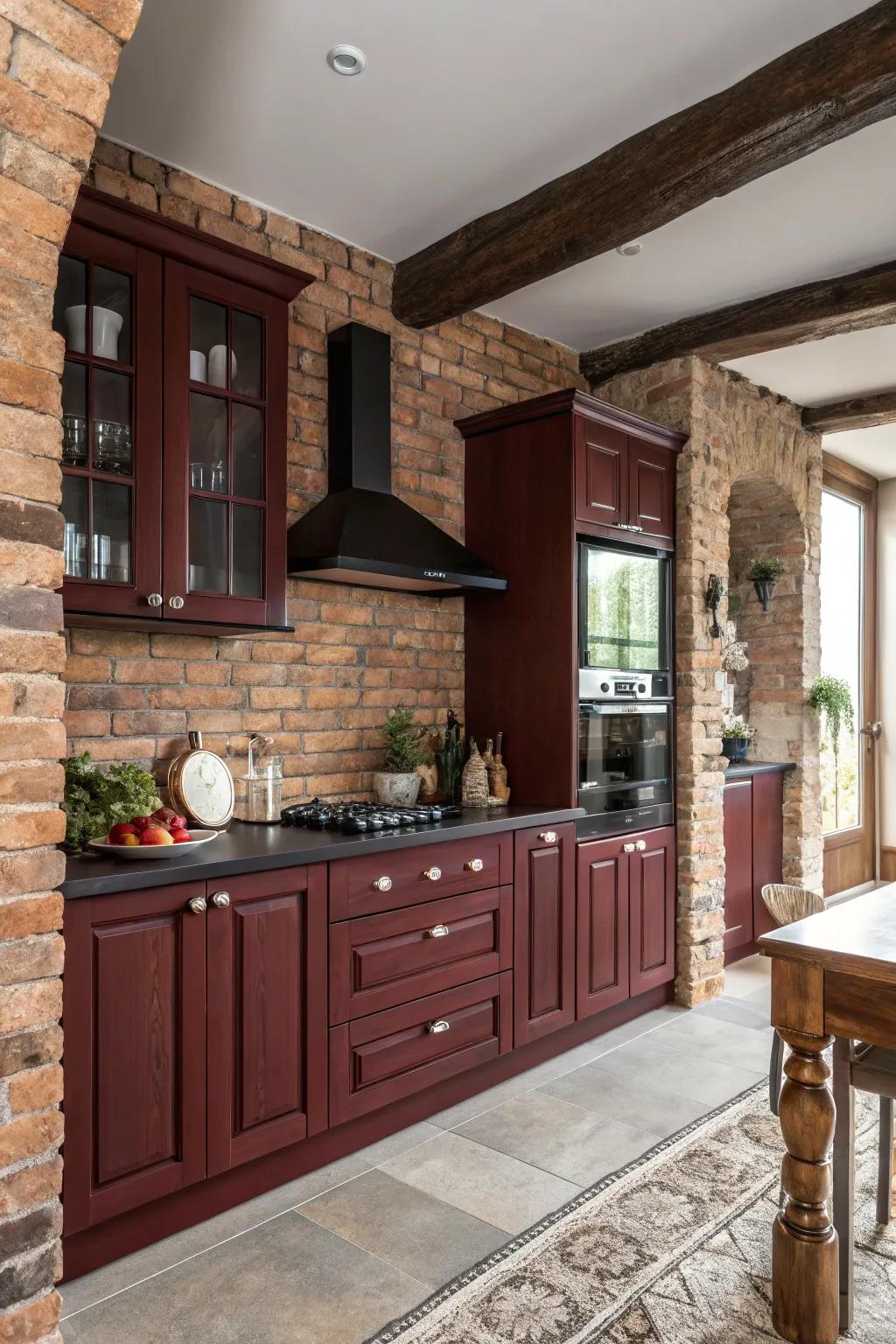Classic kitchen featuring scarlet-toned cabinets and brick accents.