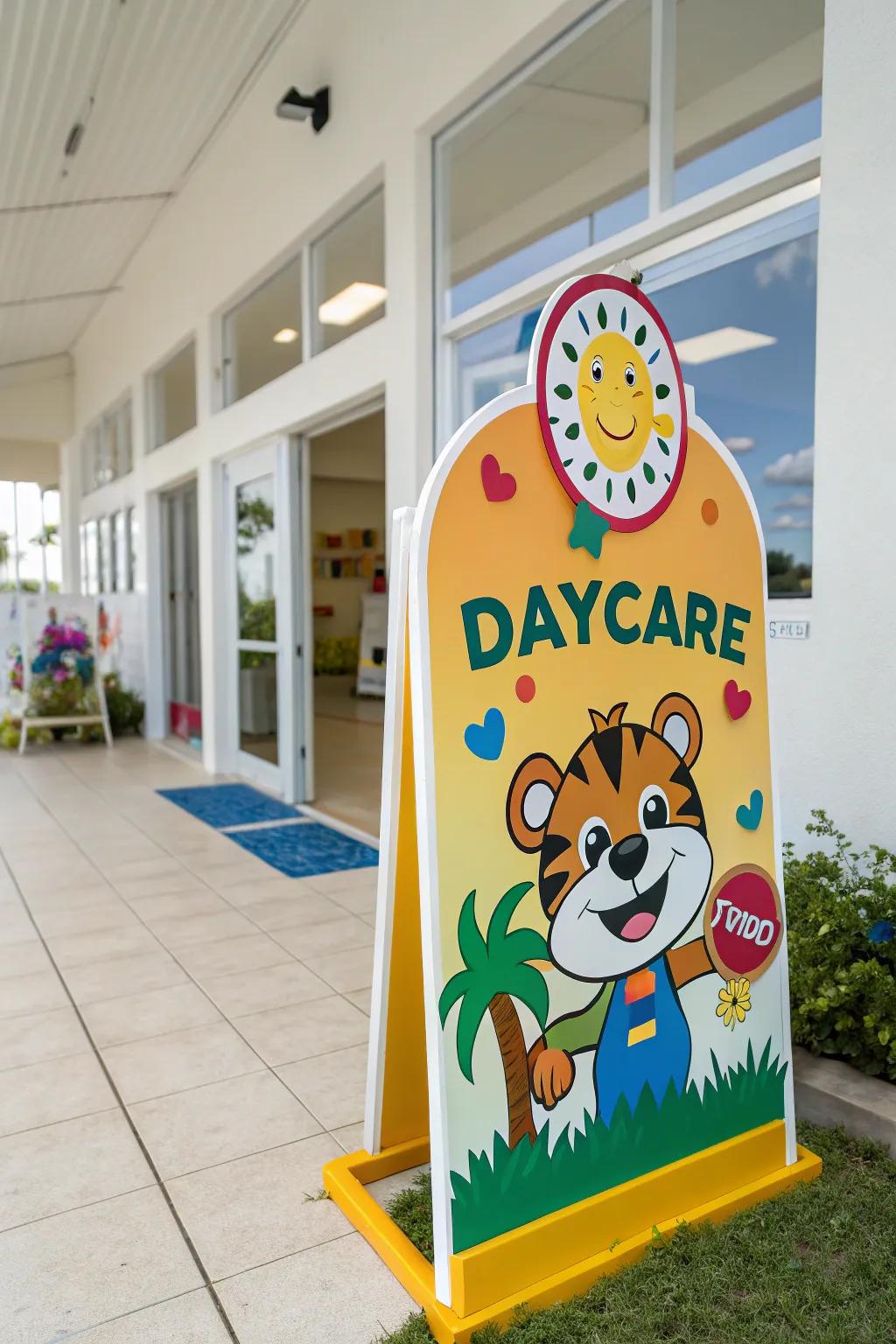 A friendly daycare mascot on the display adds a playful and welcoming touch.