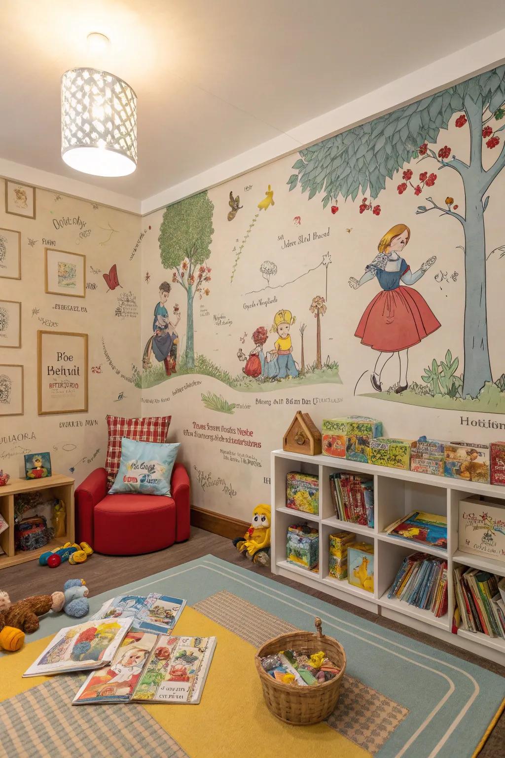 A daycare room with cozy vintage storybook-themed wallpaper.