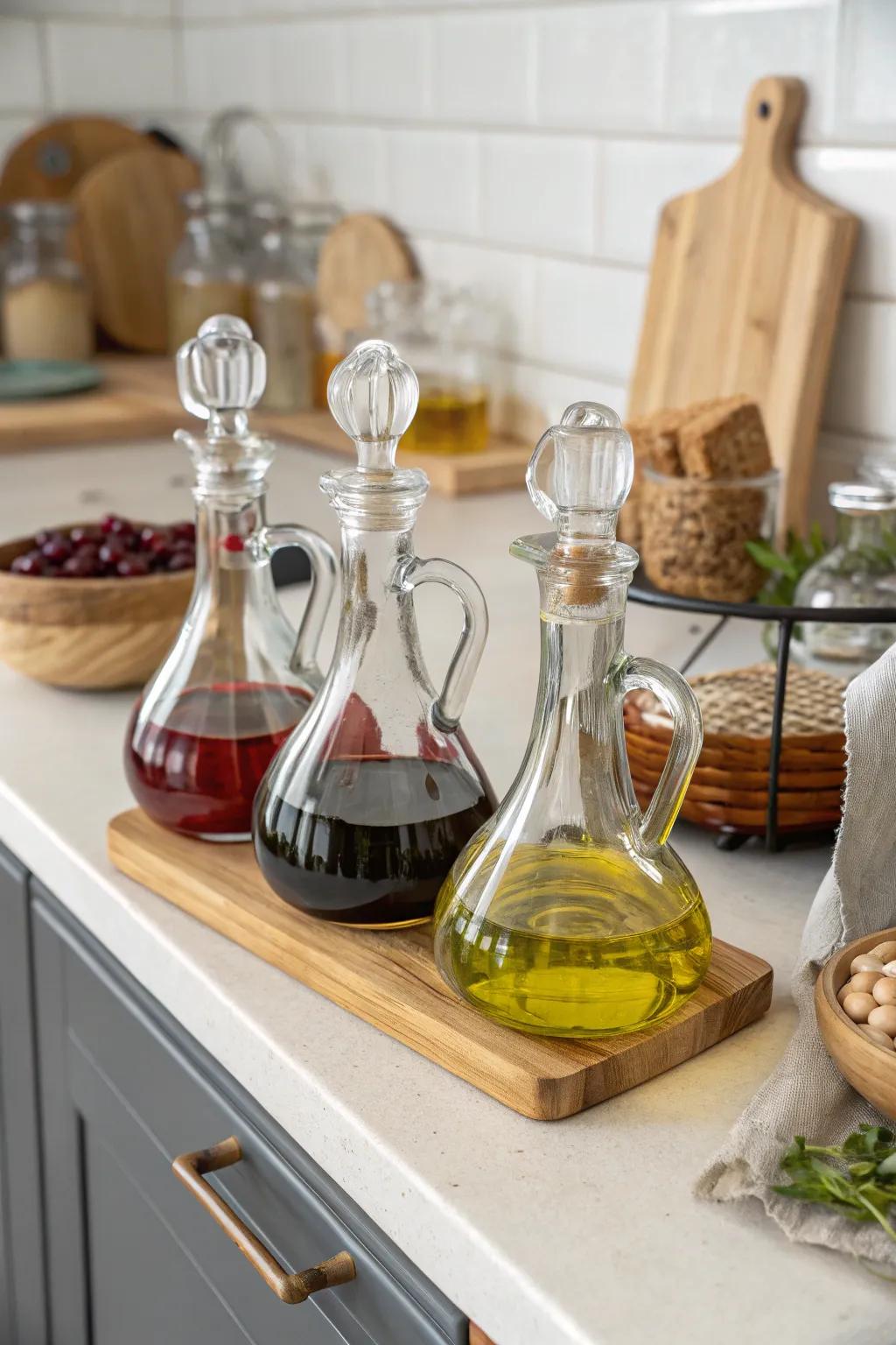 A kitchen counter featuring elegant vessels for practical storage of liquids.