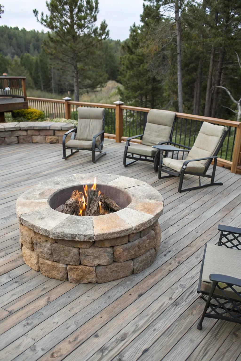 A stone rounded hearth brings countryside elegance to any deck setting.