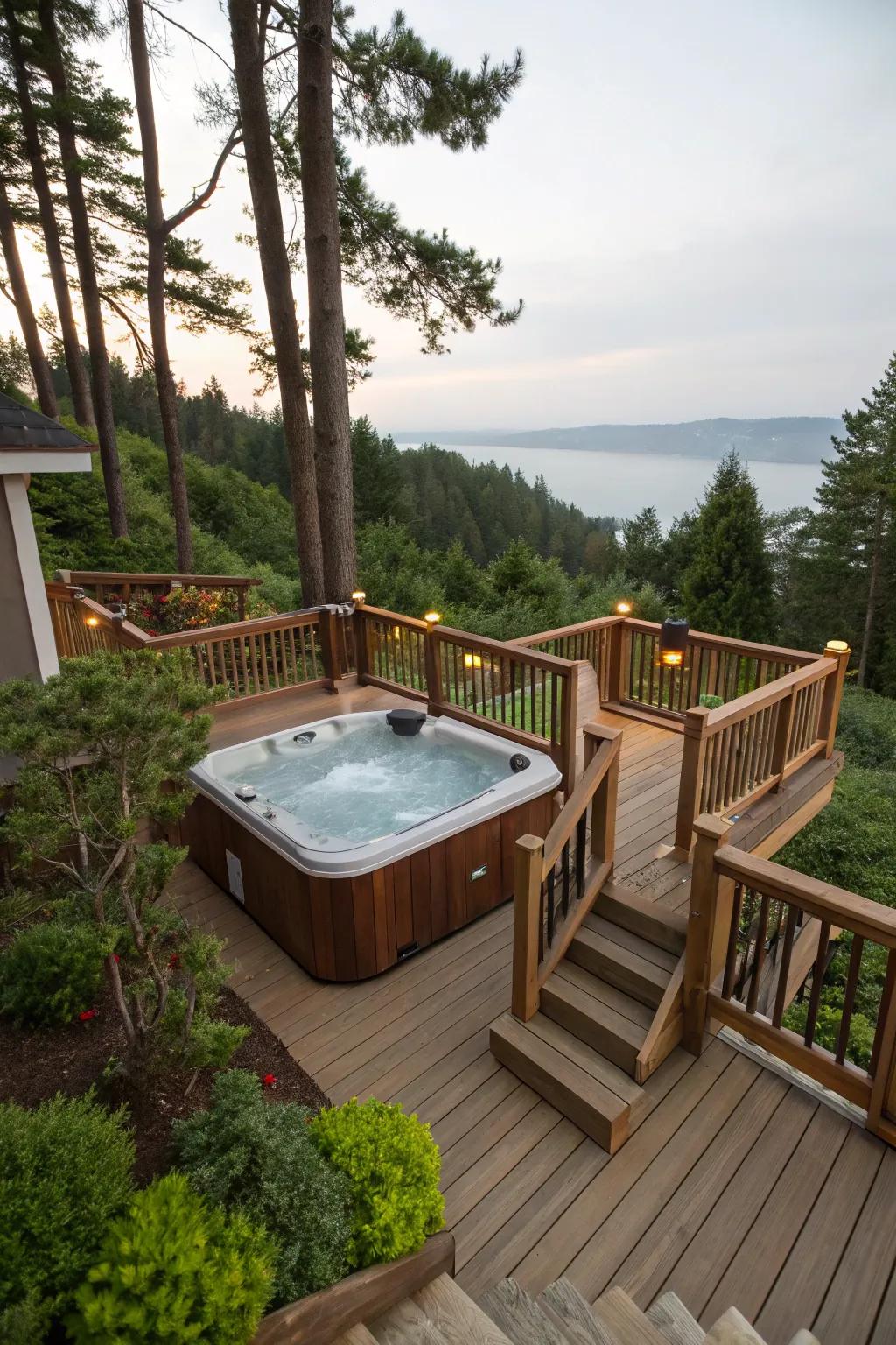 Staggered decking contributes dimension to the hot tub space.