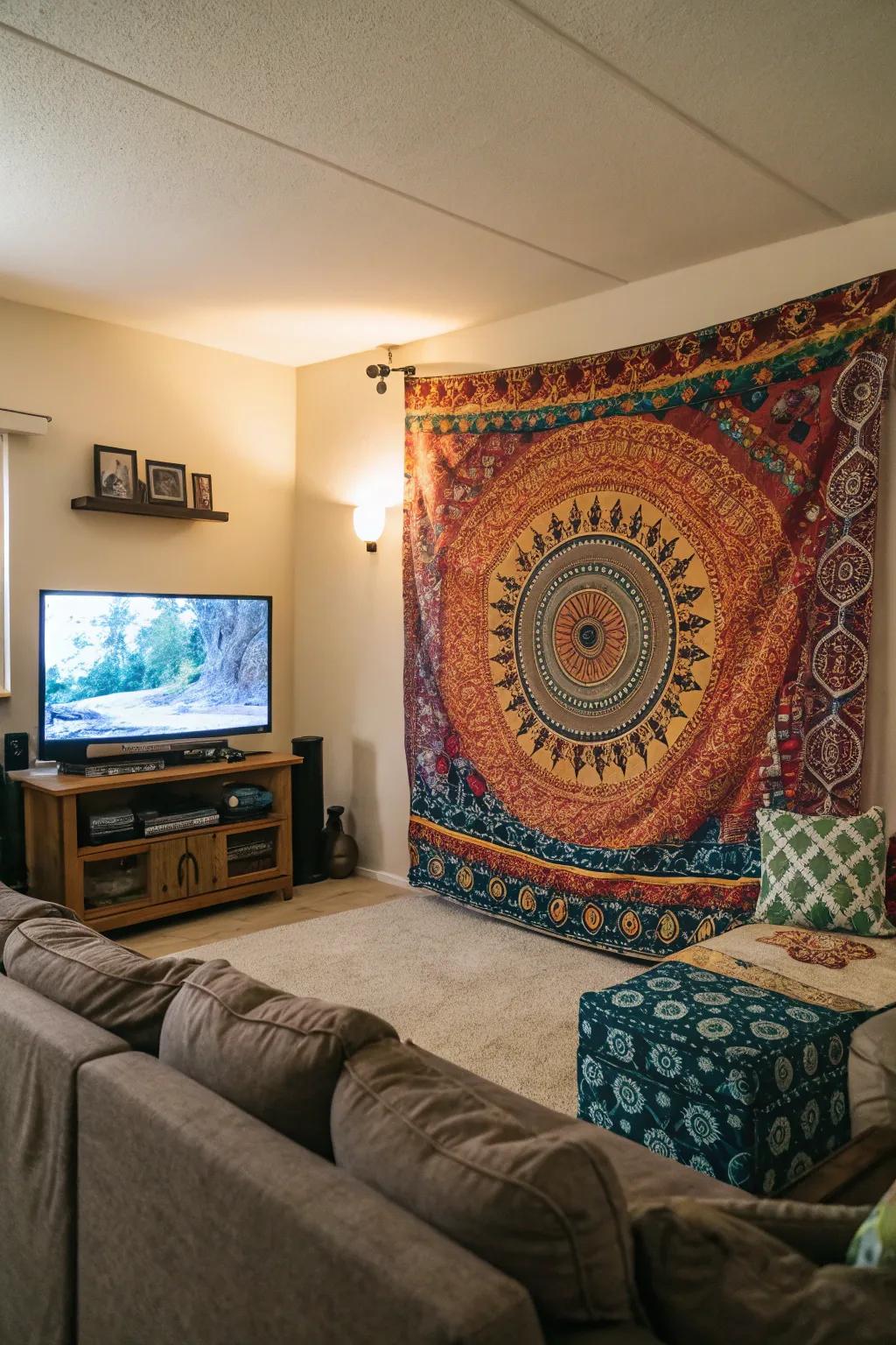 A tapestry enriches the TV space with a quirky and vibrant element.