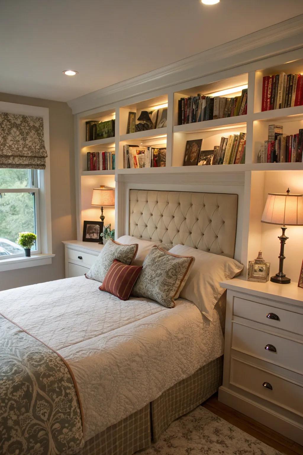 A custom headboard integrates style and functionality.