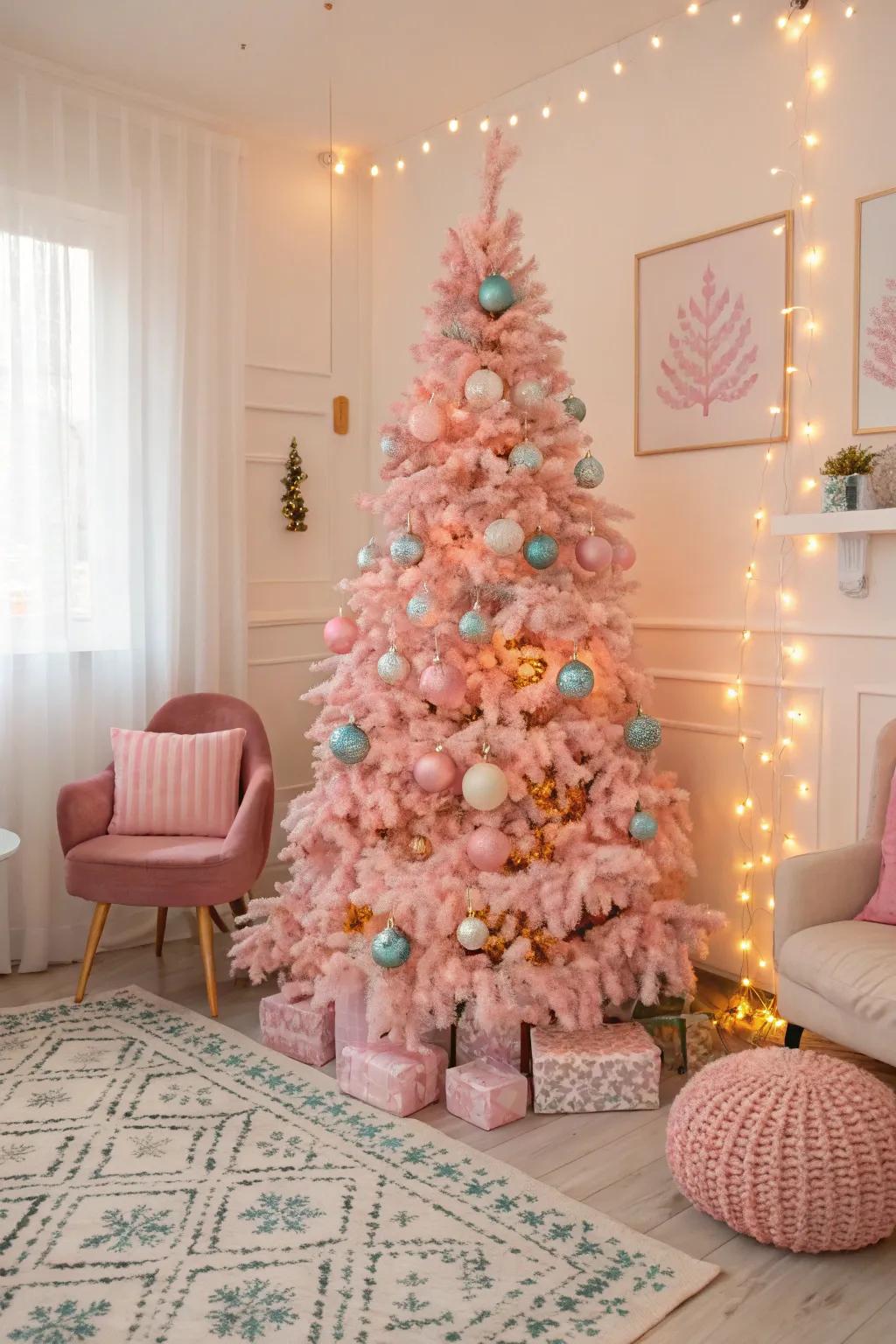 A joyful tree with a mix of pastel ornaments.