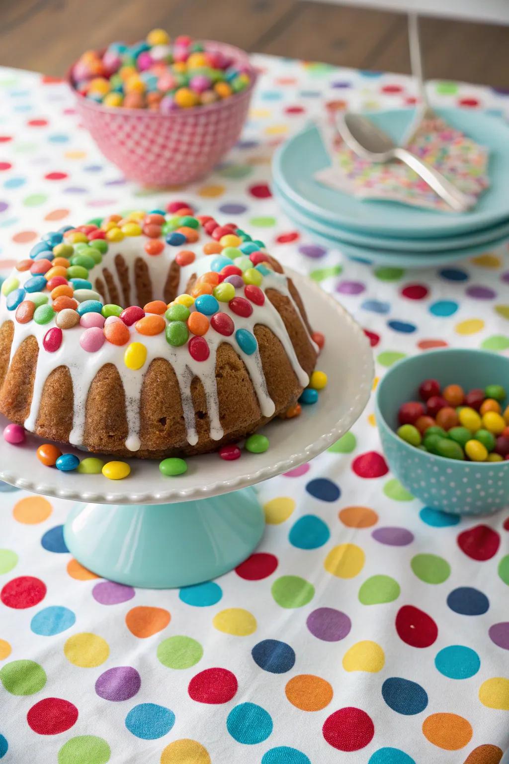 Various colorful candies adorn a bundt cake.
