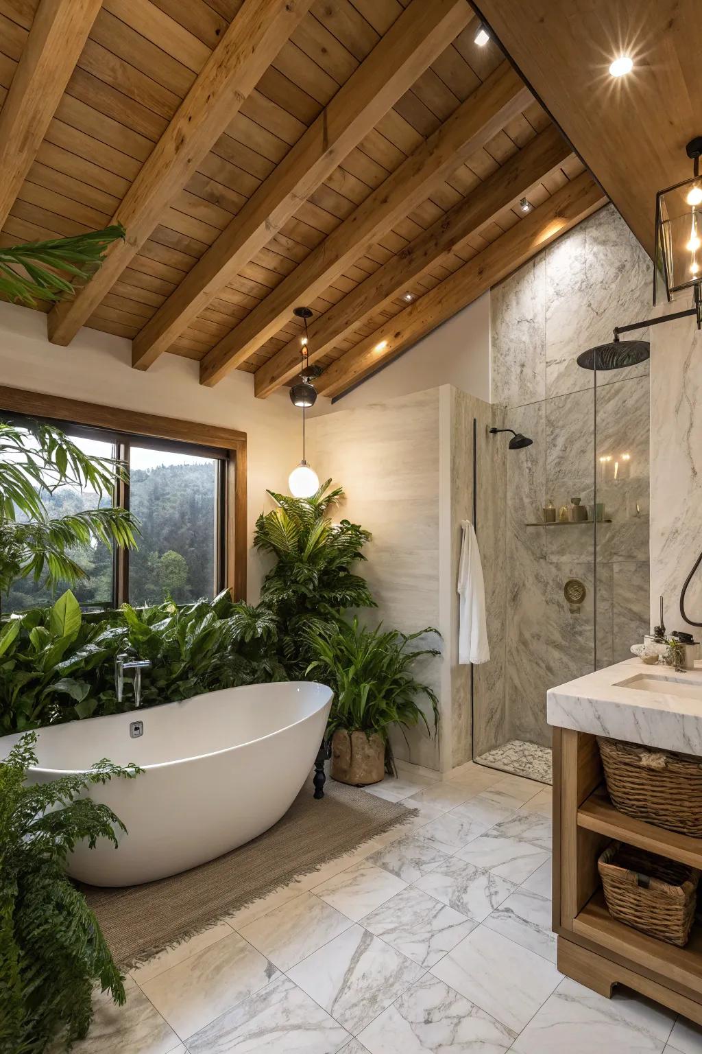 Timber beams add warmth to a serene bathroom environment.