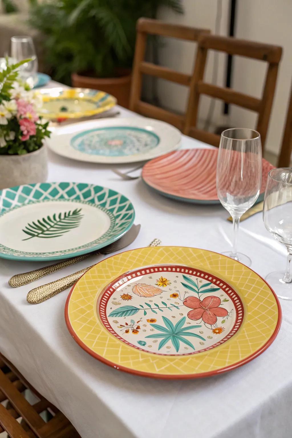 Hand-painted serving plates function as artistic centerpieces.