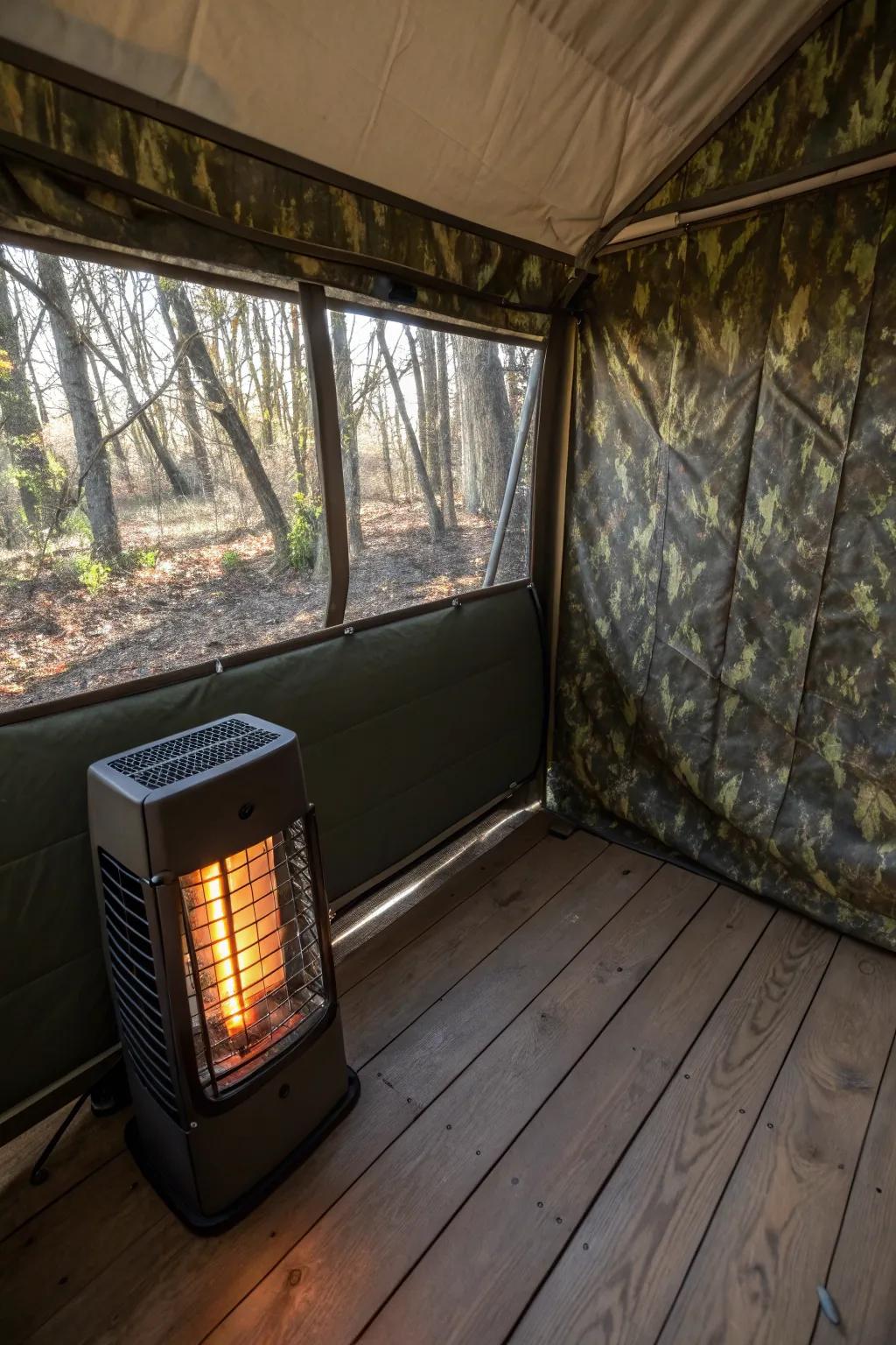 A mobile heater offers warmth and comfort throughout cold hunting days.
