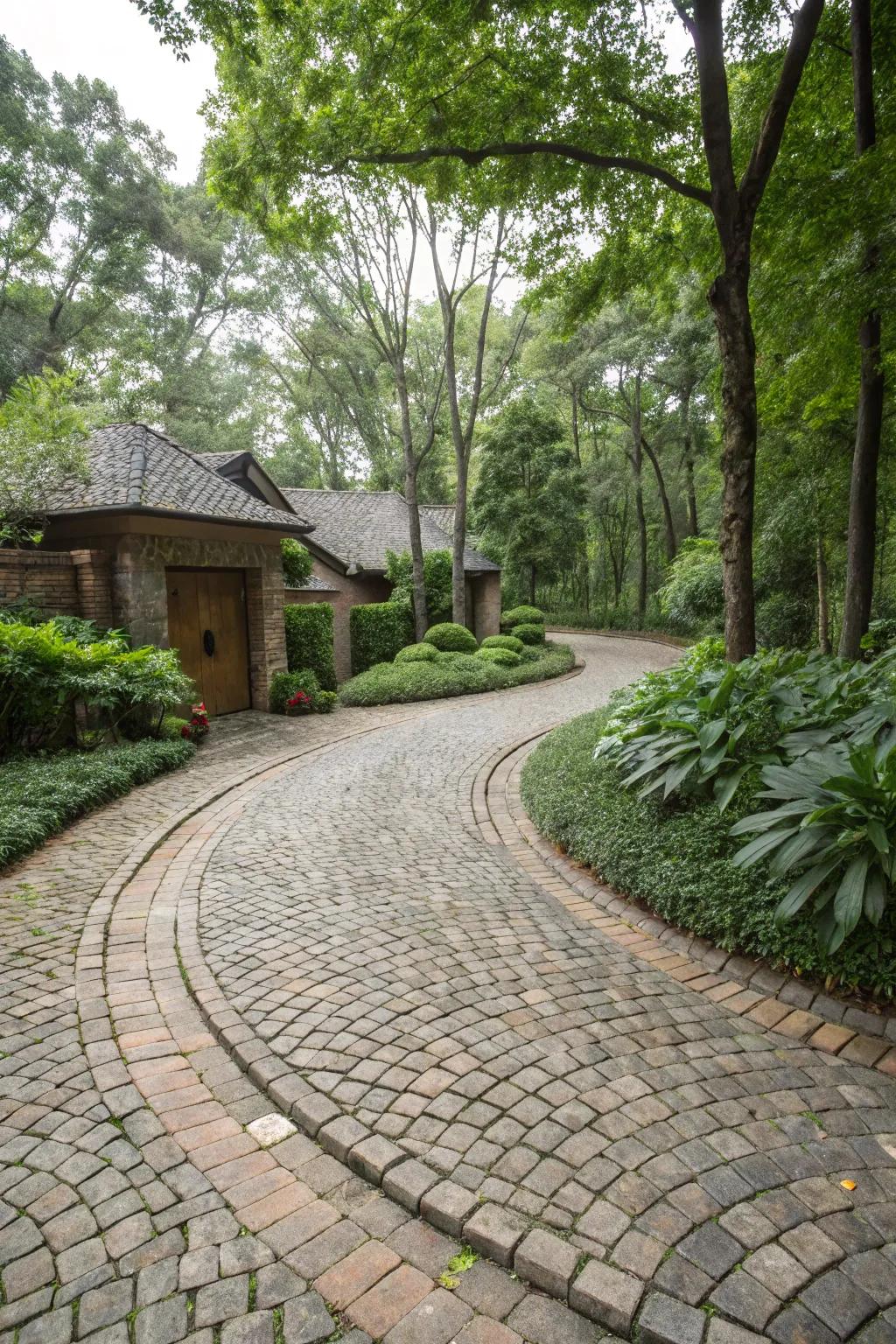 Paving blocks bring ageless charm and texture to this scenic driveway.