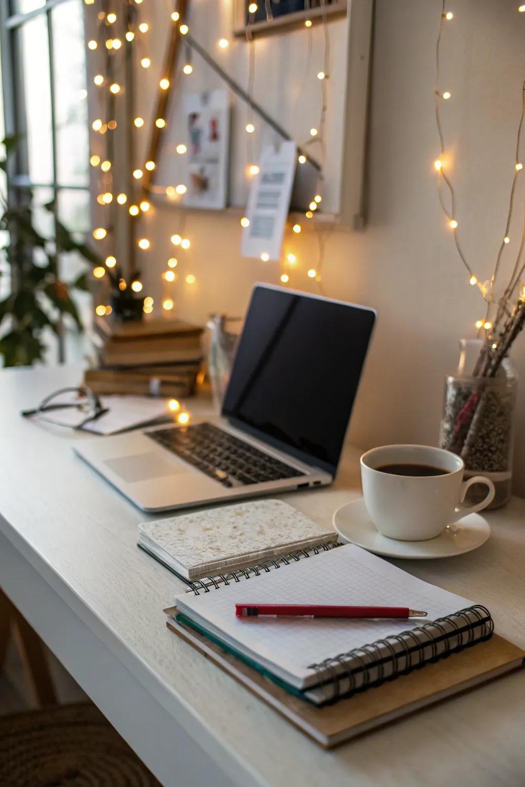 Sparkling strands adding a magical glow to the workspace.