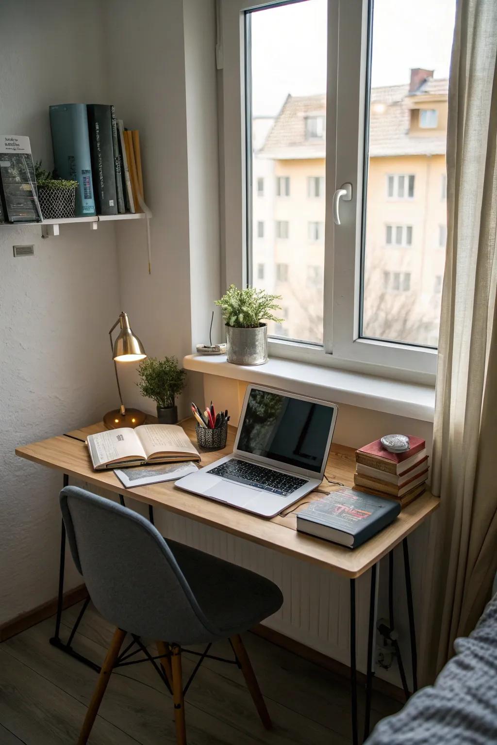 A compact desk optimizes space in small rooms.