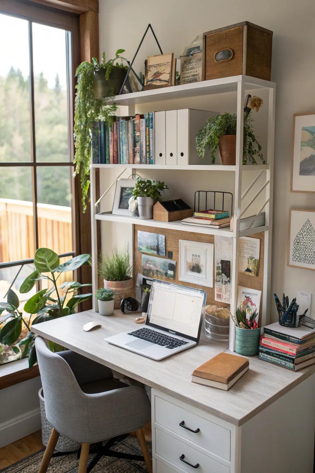Vertical storage solutions keep your desk area organized.