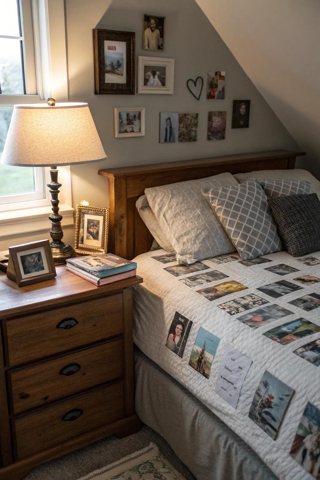 Personal decor makes the diagonally placed bed feel like home.