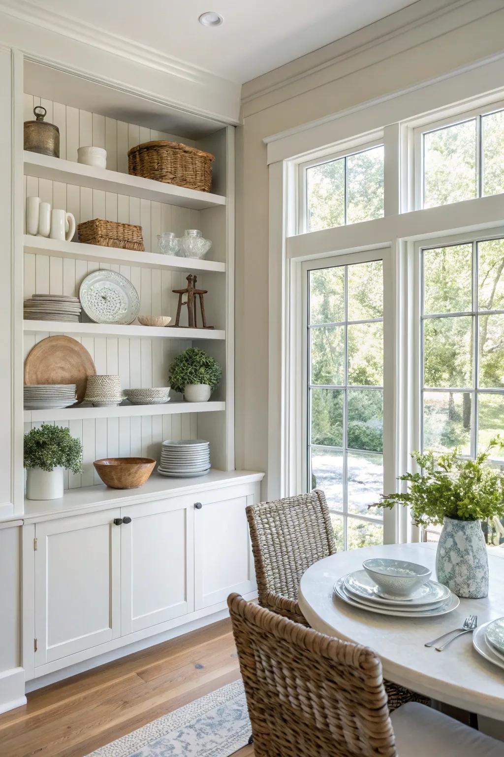 Open shelving offers simplicity and encourages creative displays.