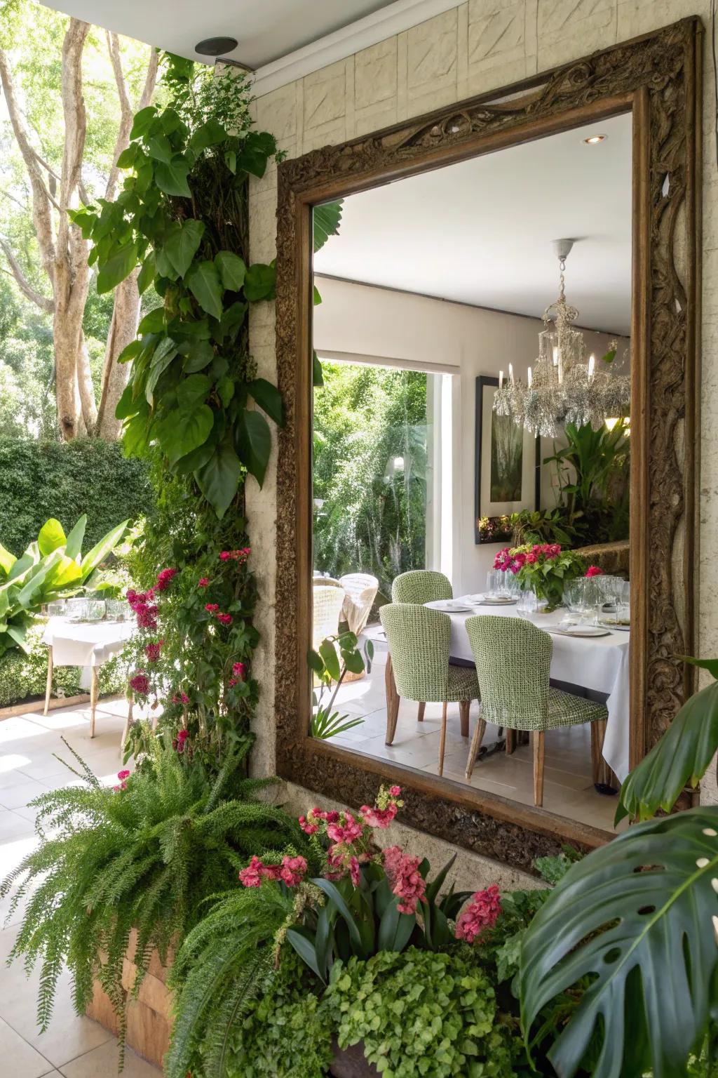 Greenery and mirrors craft a refreshing ambiance.