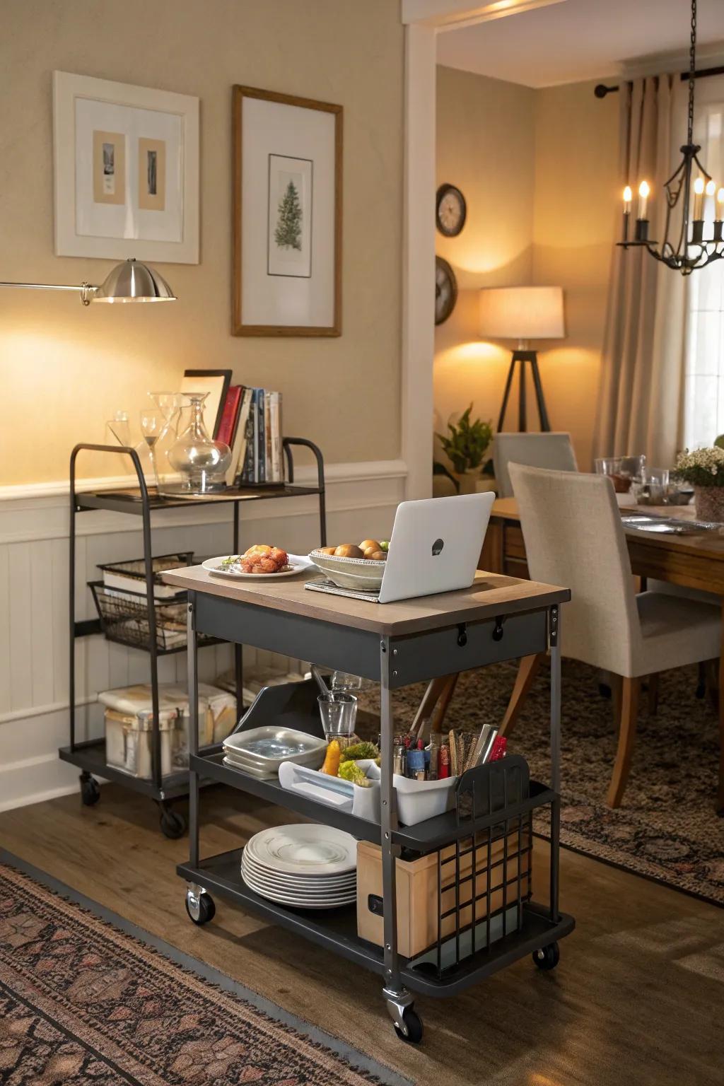 Rolling furniture provides versatility and ease.