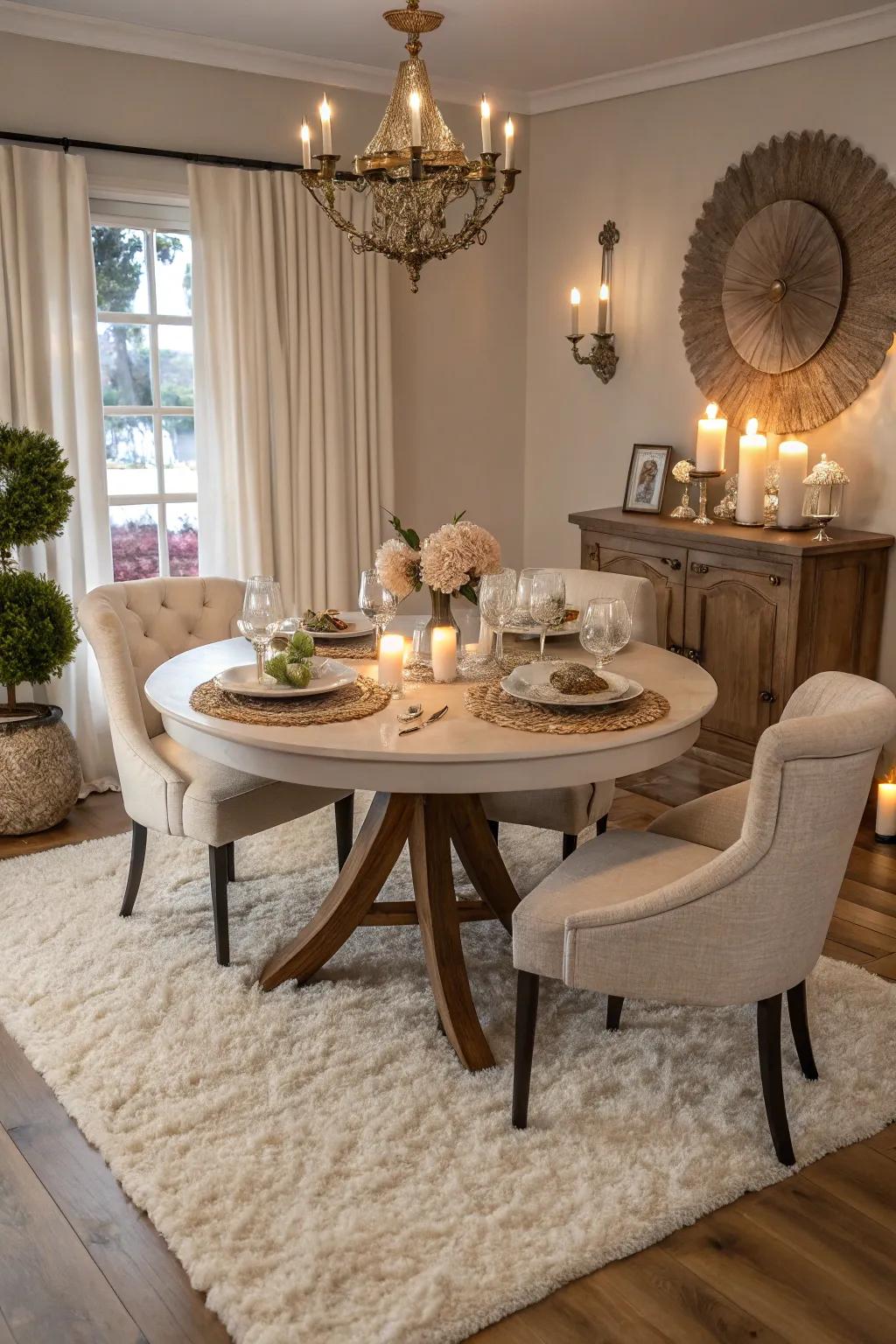 Lavish carpets building a cozy ambiance throughout the dining room.