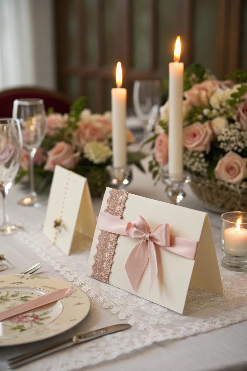 Fabric strips add a romantic flair to your place cards.