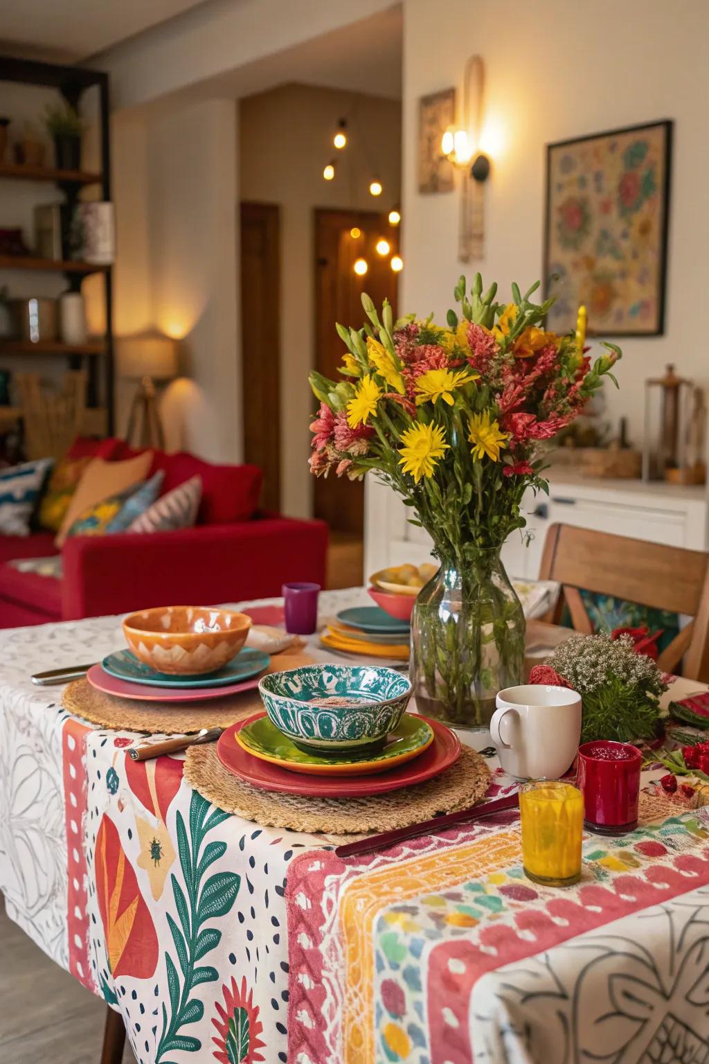 A striking tablecloth stands as a focal point for the table.