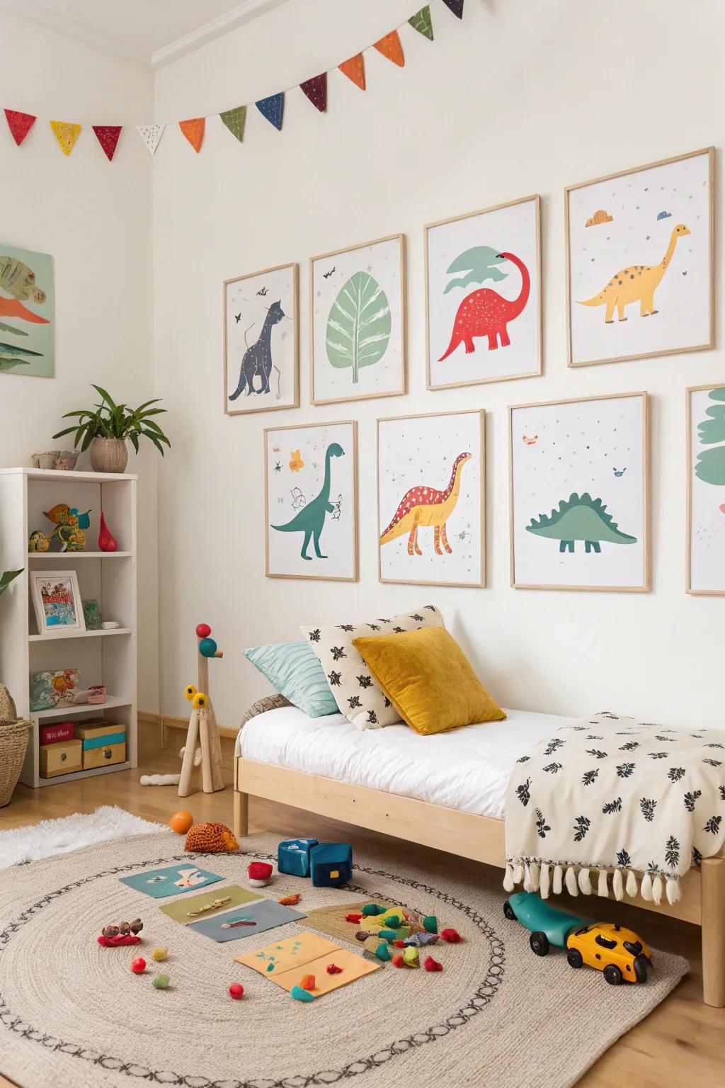 An artful array of dinosaur prints crafts an engaging gallery wall, seamlessly blending creative expression with educational elements.