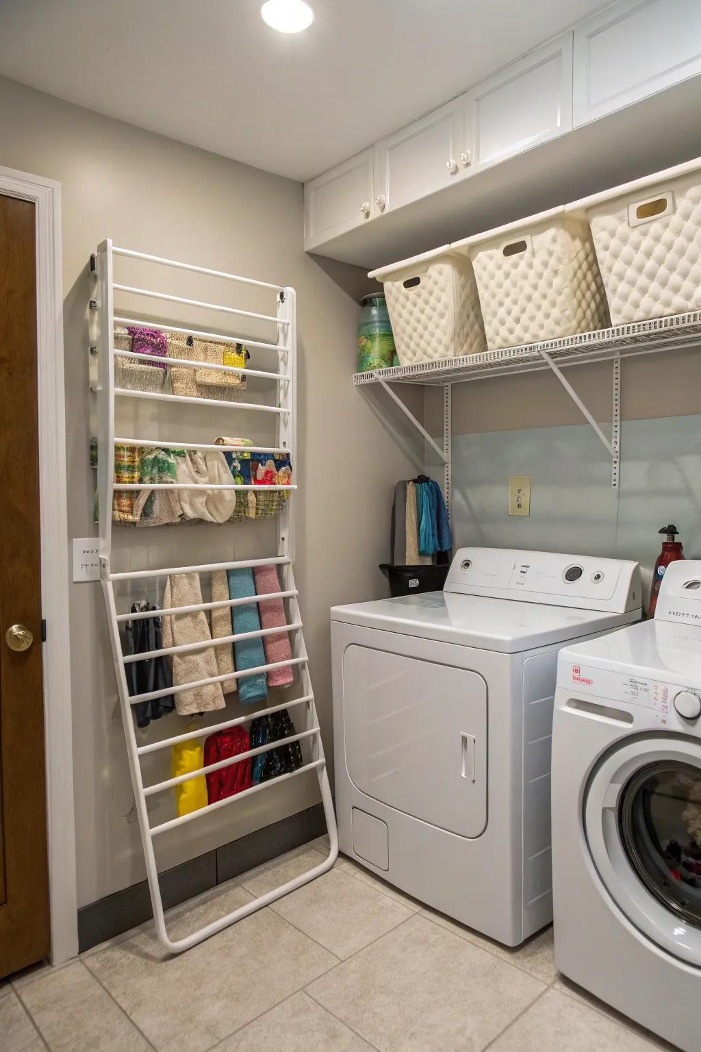 For drying garments, fold-out racks offer a space-saving option.