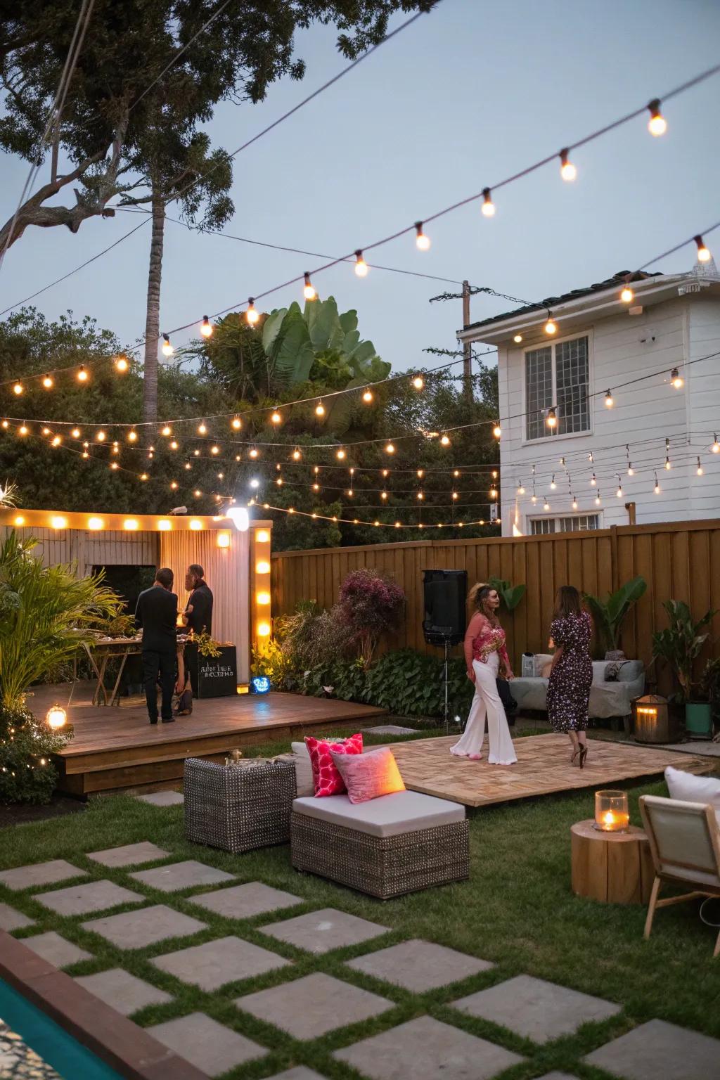 An outdoor disco setup with string lights produces a magical vibe beneath the stars.