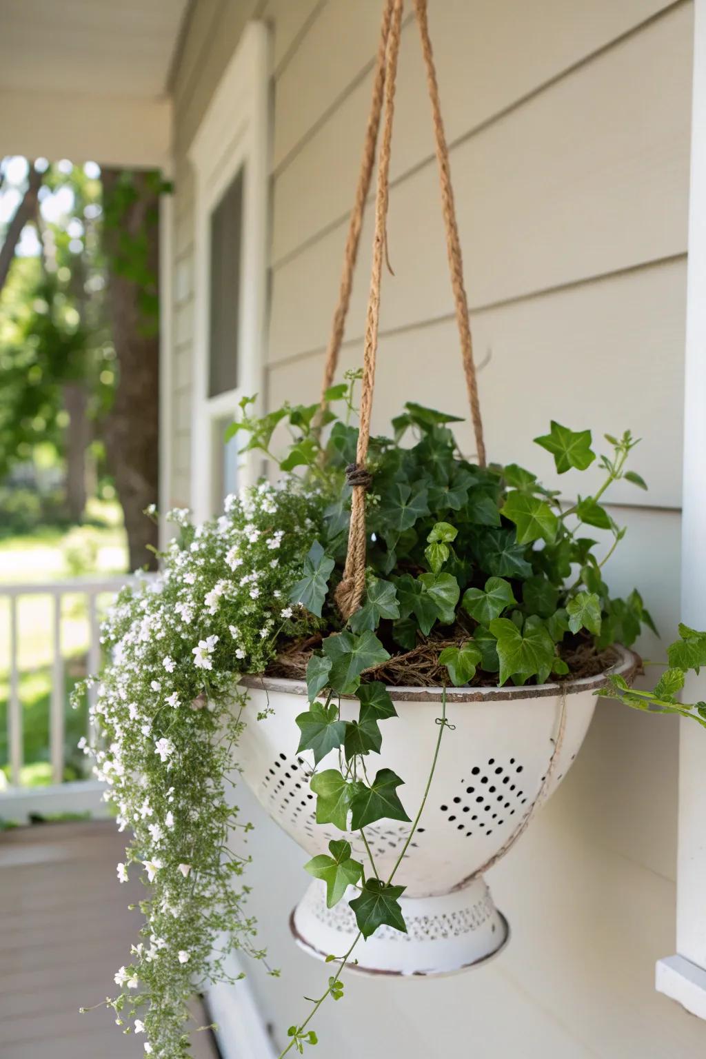 Make your porch better with a bit of creativity: DIY hanging strainer planters bring nature's beauty to simple spaces.