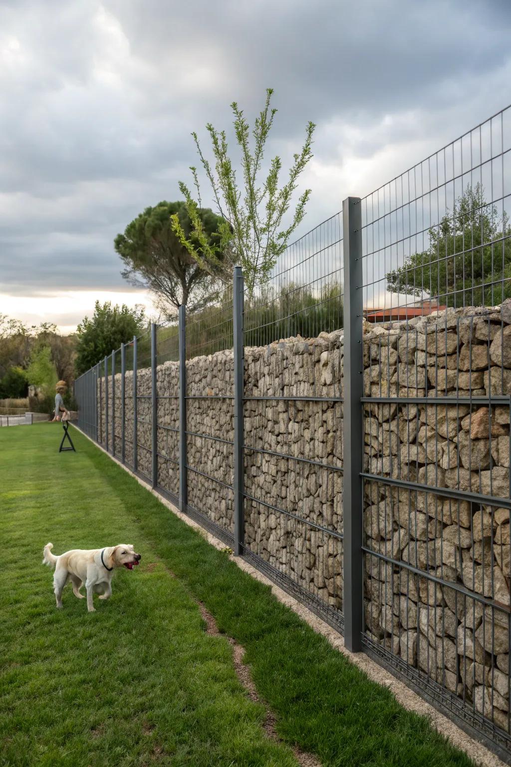 A bold and industrial gabion framework making a striking statement.