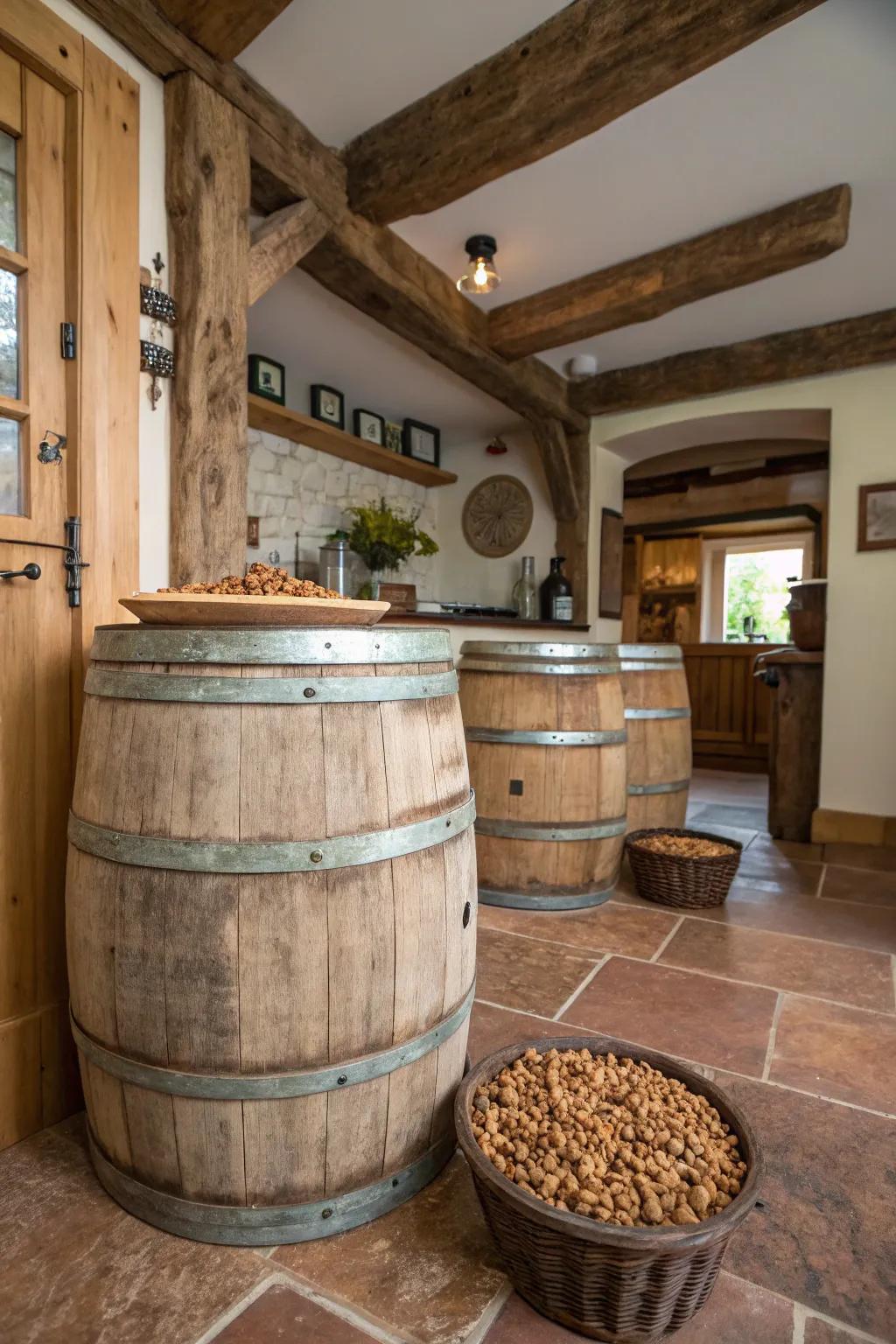 Food-safe barrels bring a rustic charm to dog food storage.
