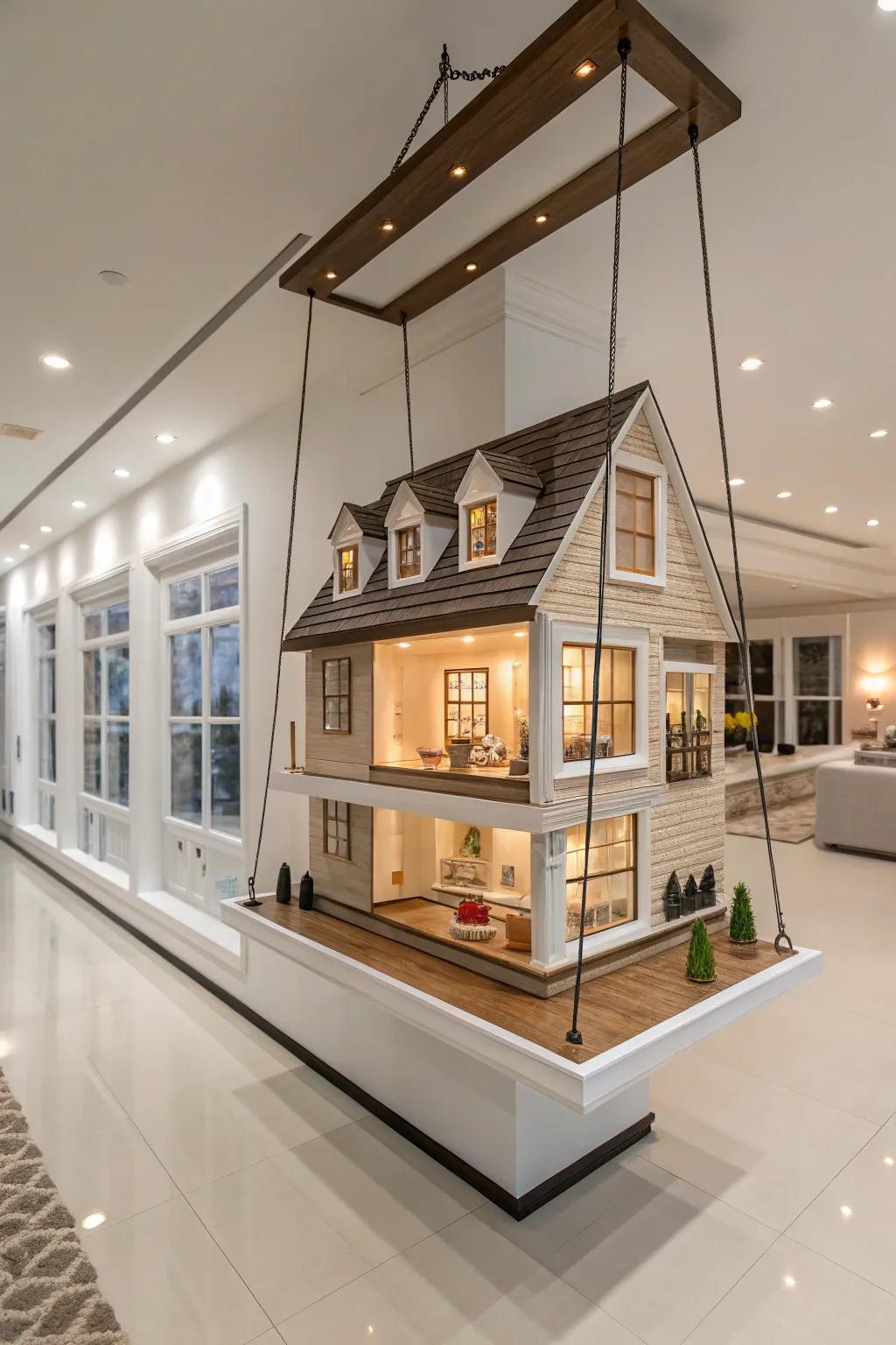 Suspended shelves offer a modern twist to dollhouse displays.