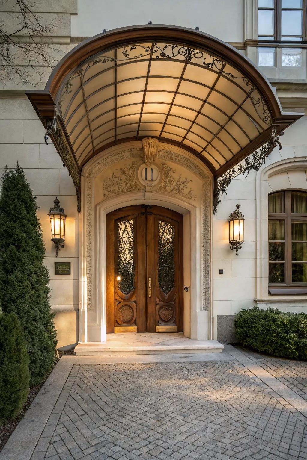 An arched awning adding a graceful touch to the entrance.