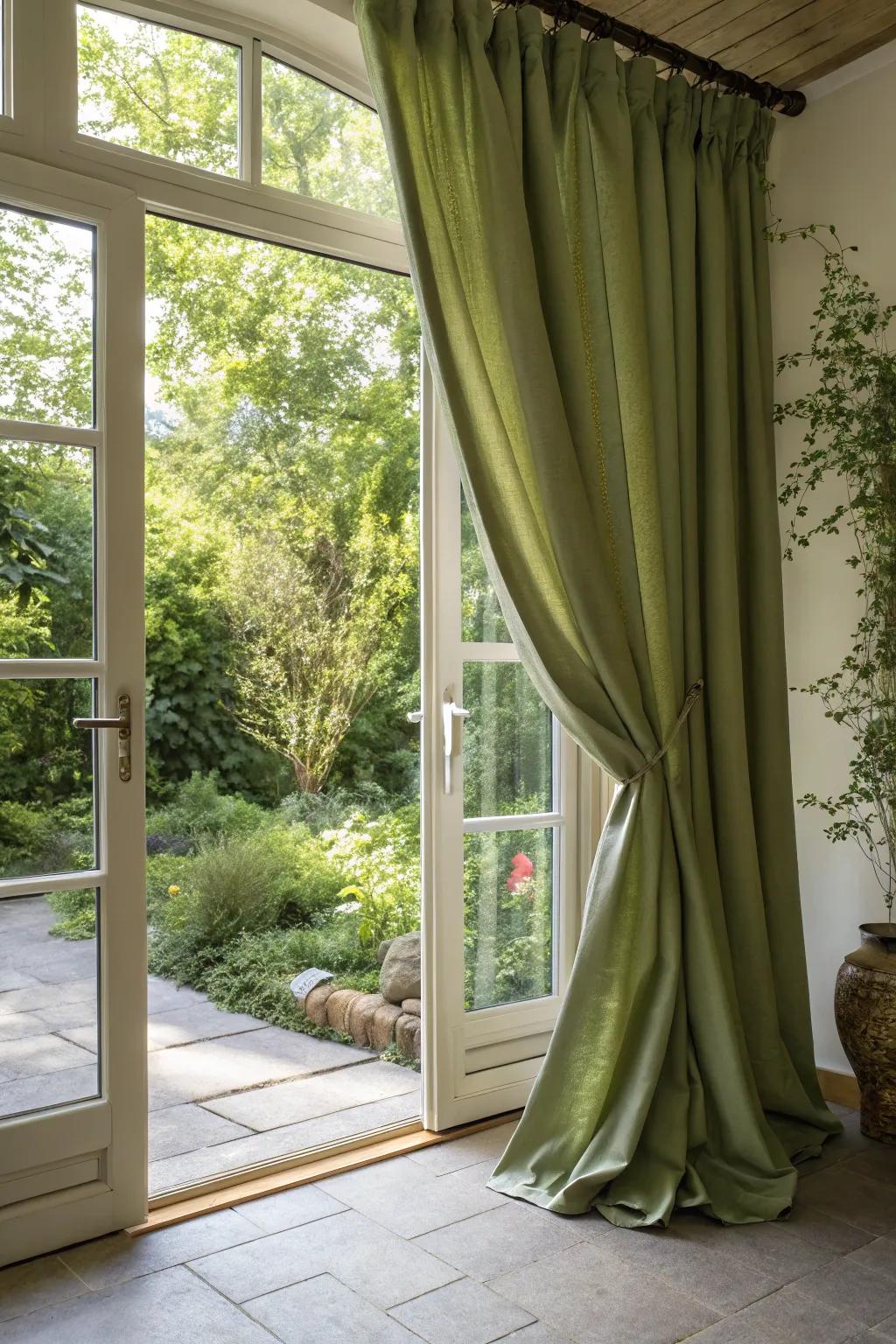 Earthy-toned curtains enhance natural warmth and harmony.